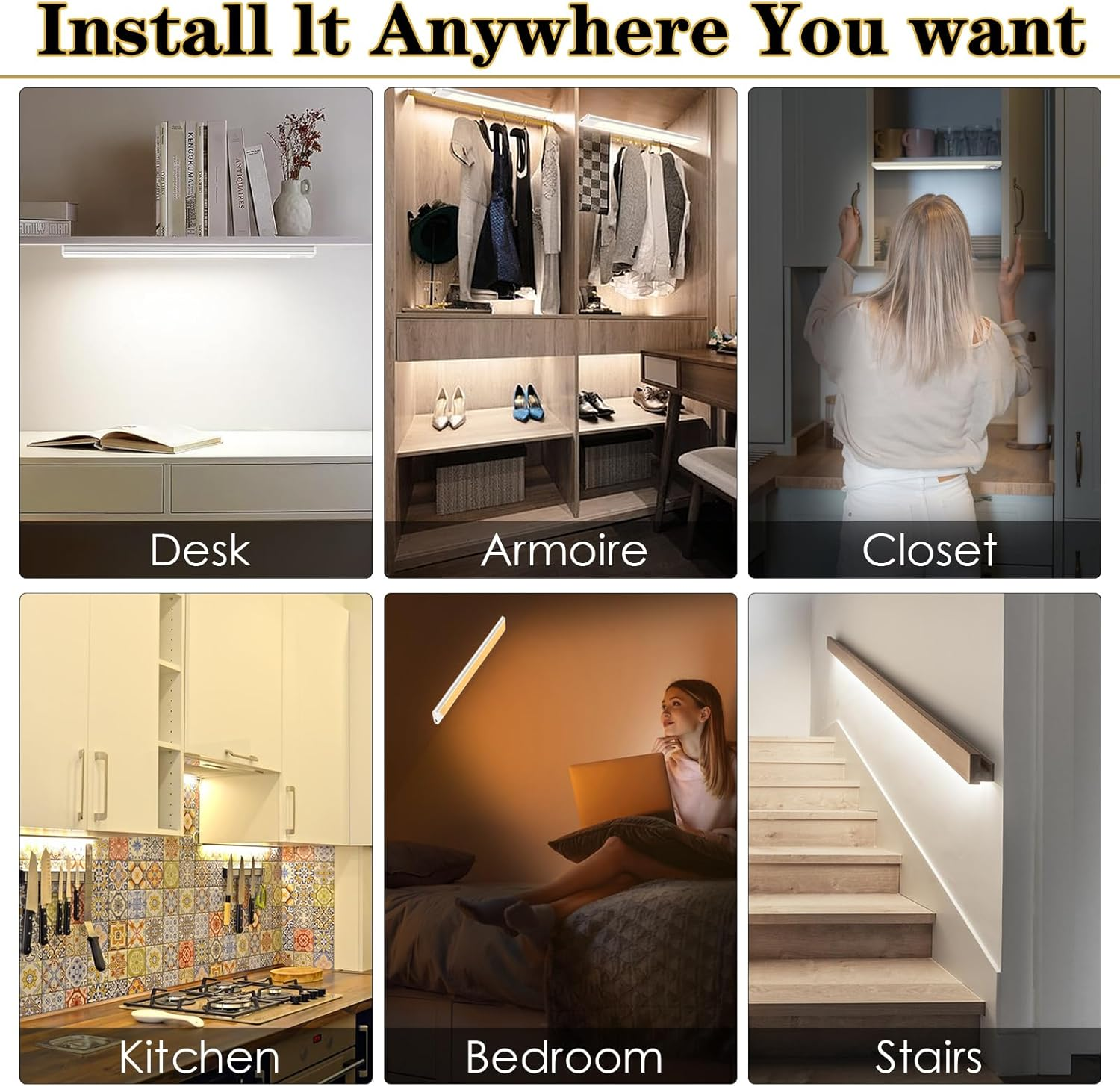 Under Cabinet Light 2 Pack, LED Wireless Rechargeable Motion Sensor Cupboard Light Bar, 3 Colours Dimmable Strip Night Light for Kitchen Wardrobe Cupboard, Silver, 40CM image number 4