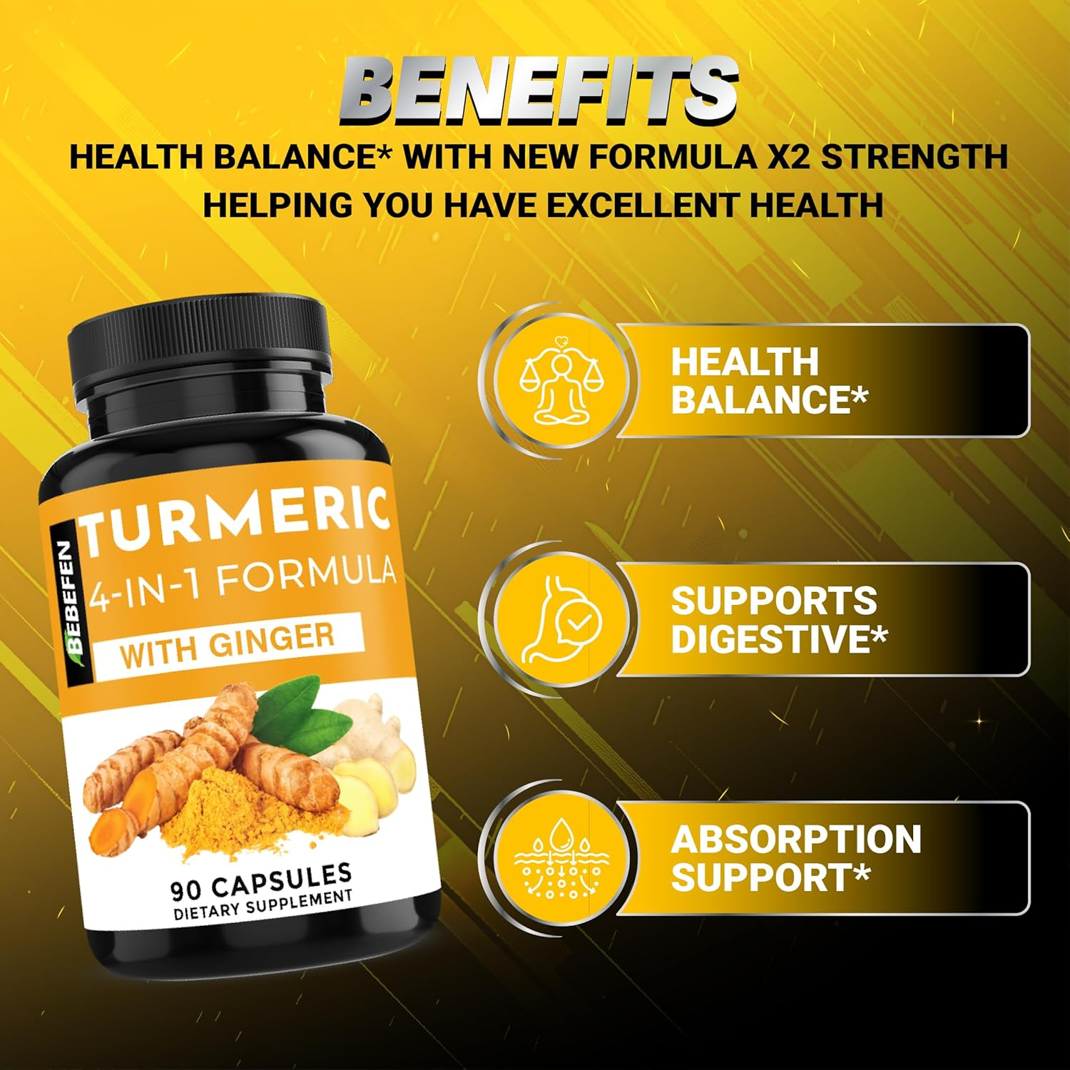 Turmeric Curcumin Supplement with Ginger | 95% Curcuminoids | and Black Pepper - 4In1 Turmeric Capsules - 90 Capsules image number 2