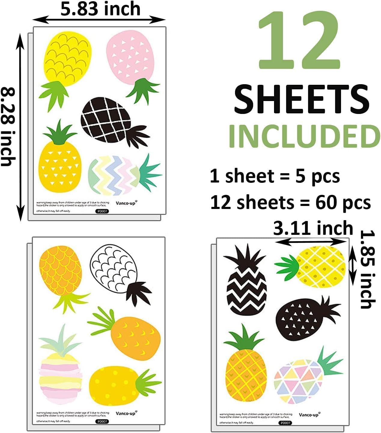 Maydahui 60 Pcs Colorful Pineapple Wall Decal (45 X 45 Inch) Peel and Stick Removable Fruit Wall Sticker for Kitchen Kids Bedroom Living Room Decor image number 3