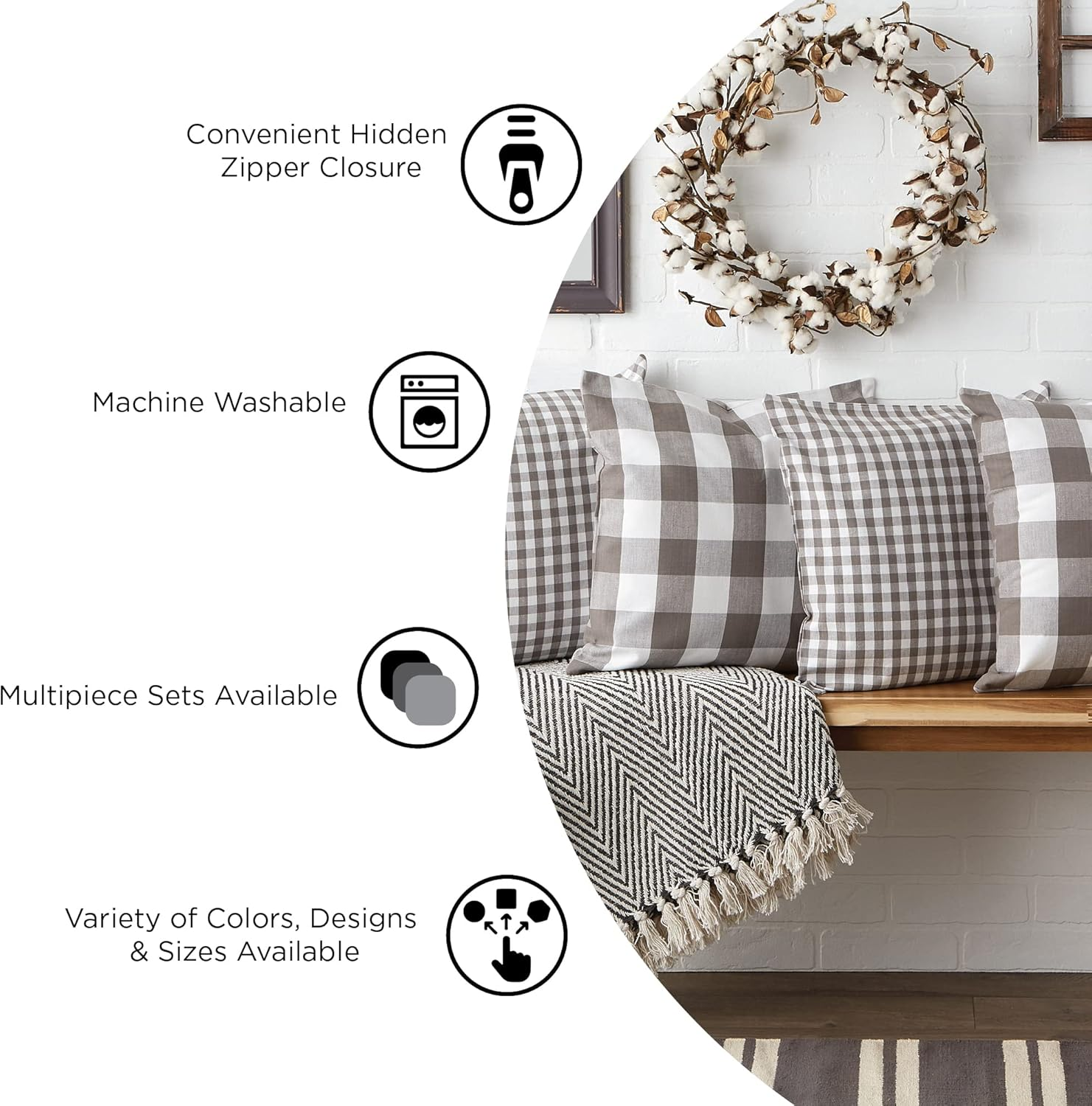 DII Decorative Square Throw Pillow Cover Collection Cotton, Machine Washable, Hidden Zipper, 18X18, Gray Assorted, 4 Piece