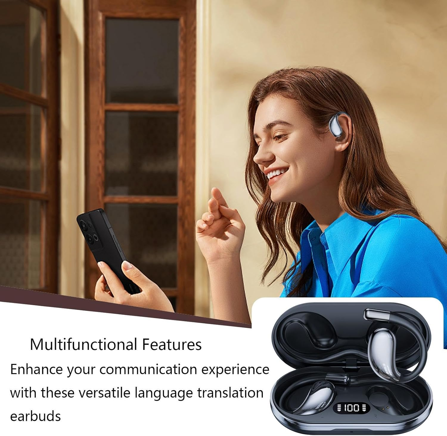Ai Language Translator Earbuds,3 In1 Real Time Translation Earbuds,Wireless Bluetooths Translation Earbuds with 144 Languages and Accents,Ear Hook Design,Fit Ios Androids,For Travel Business Learning - Black image number 3