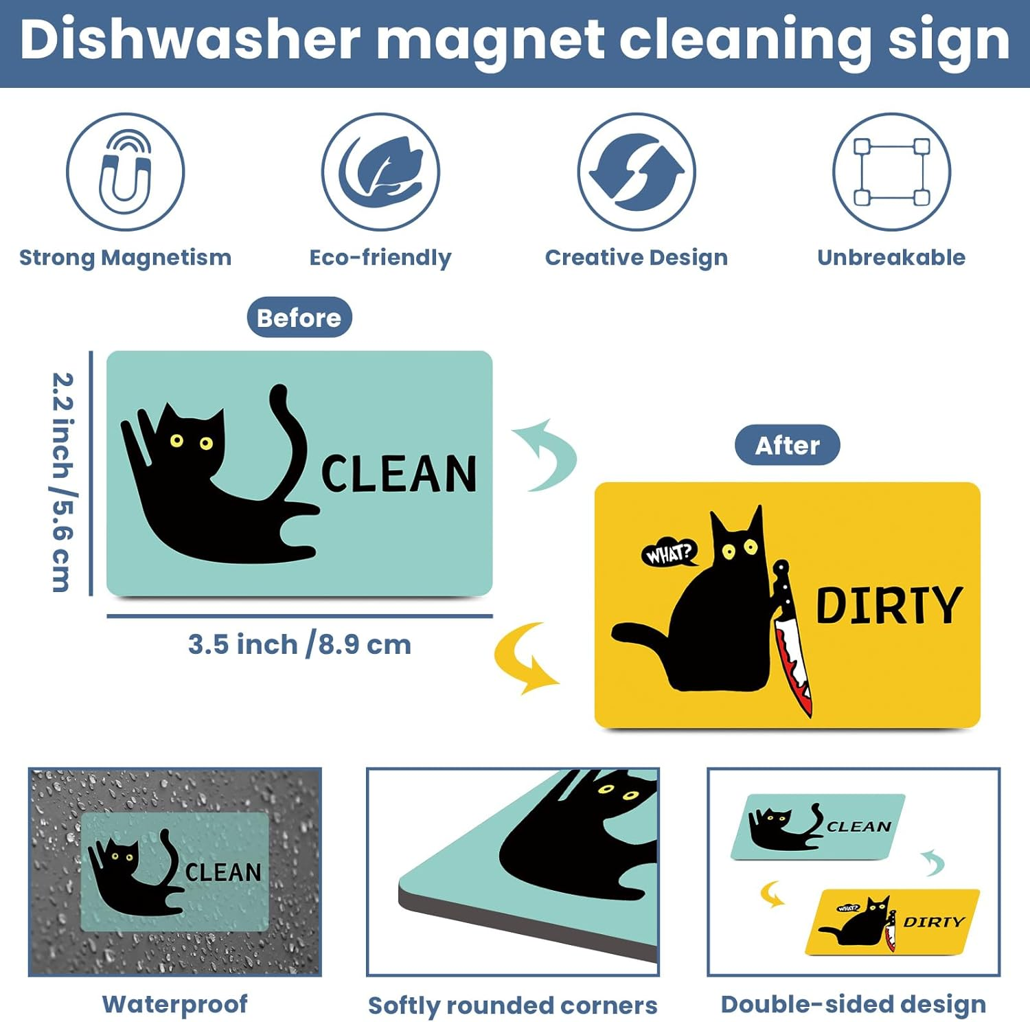 HSSPIRITZ Funny Cat Cute Cartoon Clean Dirty Dishwasher Magnet,Washing Machine Magnet Flip,Black Cat Kitchen Refrigerator Clean Dirty Sign,Double Sided Strong/Non Scratch(Black Cat) image number 3