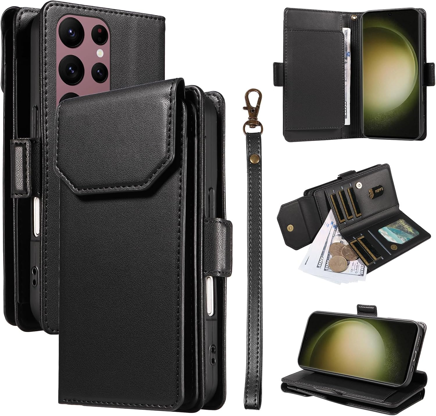 For Iphone 17 Pro Wallet Case with Card Holders Money Slots Wrist Strap,For Iphone 17 Pro Leather Folio Flip Case Kickstand Phone Cover-Wine Red