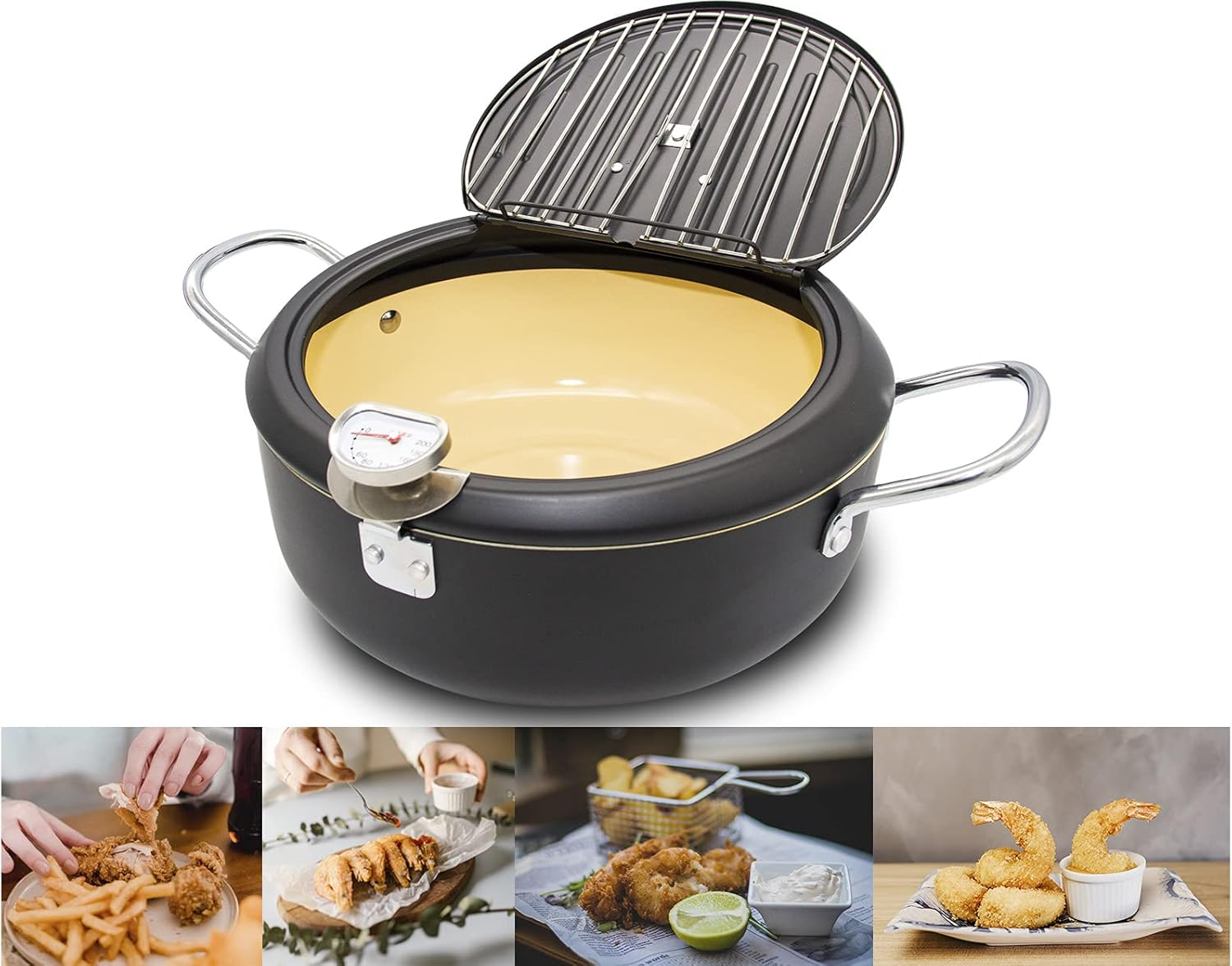 Cyrder Japanese Tempura Deep Fryer Pot with Fahrenheit Thermometer 3.5L- Nonstick Carbon Steel Oil Fryer, Fried Tempura/Chicken/Fish/Shrimp, Easy Clean, Green Big Tempura Pan, 10.2Inch
