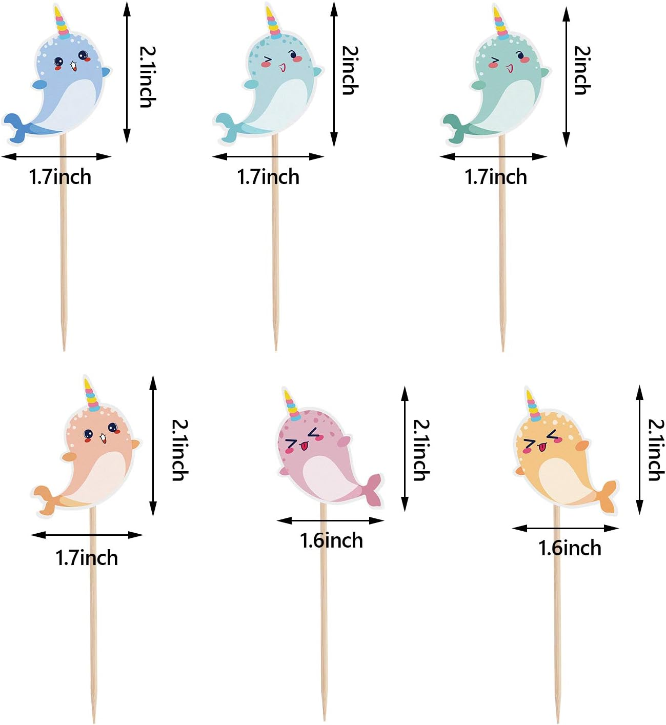 48 Pcs Narwhal Cake Toppers Narwhal Cupcake Toppers Ocean Birthday Party Decorations Supplies under the Sea Blue Ocean Themed Party Baby Shower Birthday Supplies image number 1