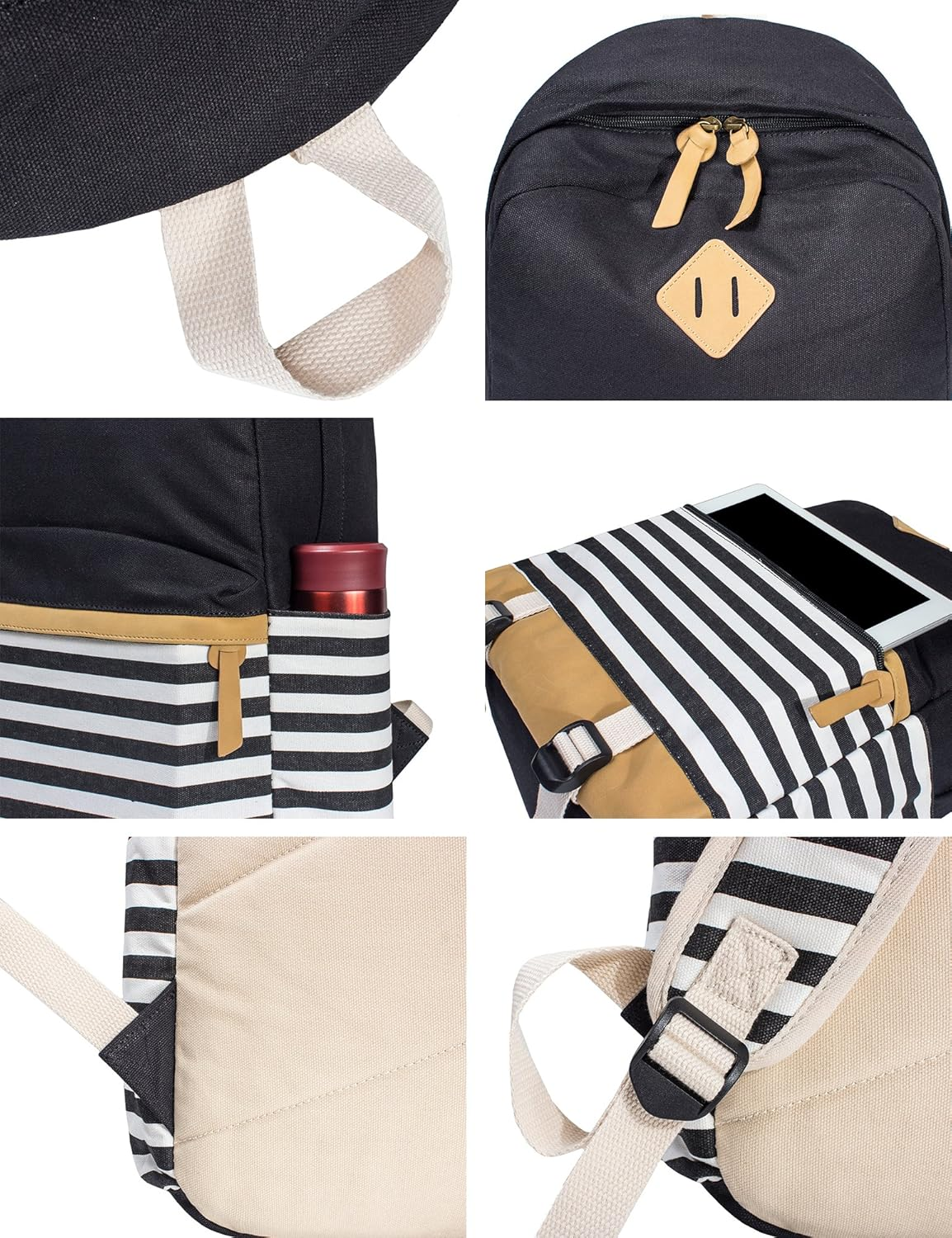 Leaper Navy Style School Laptop Backpack Girls Striped Canvas Bookbag Daypack image number 4