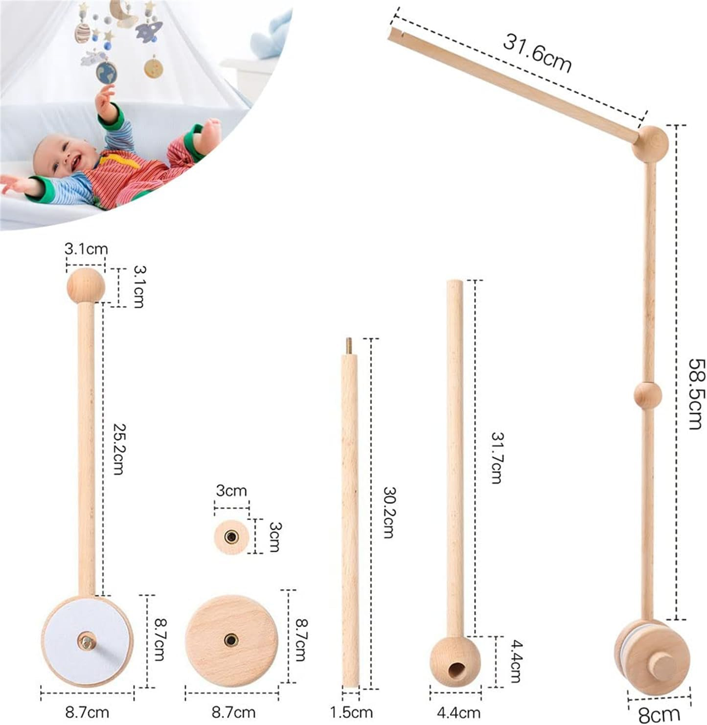 Baby Crib Mobile Arm, Durable Crib Mobile Wooden Arm, DIY Baby Mobile Holder for Crib, Premium Beech Wood Material, Sturdy, Durable and Odorless image number 6