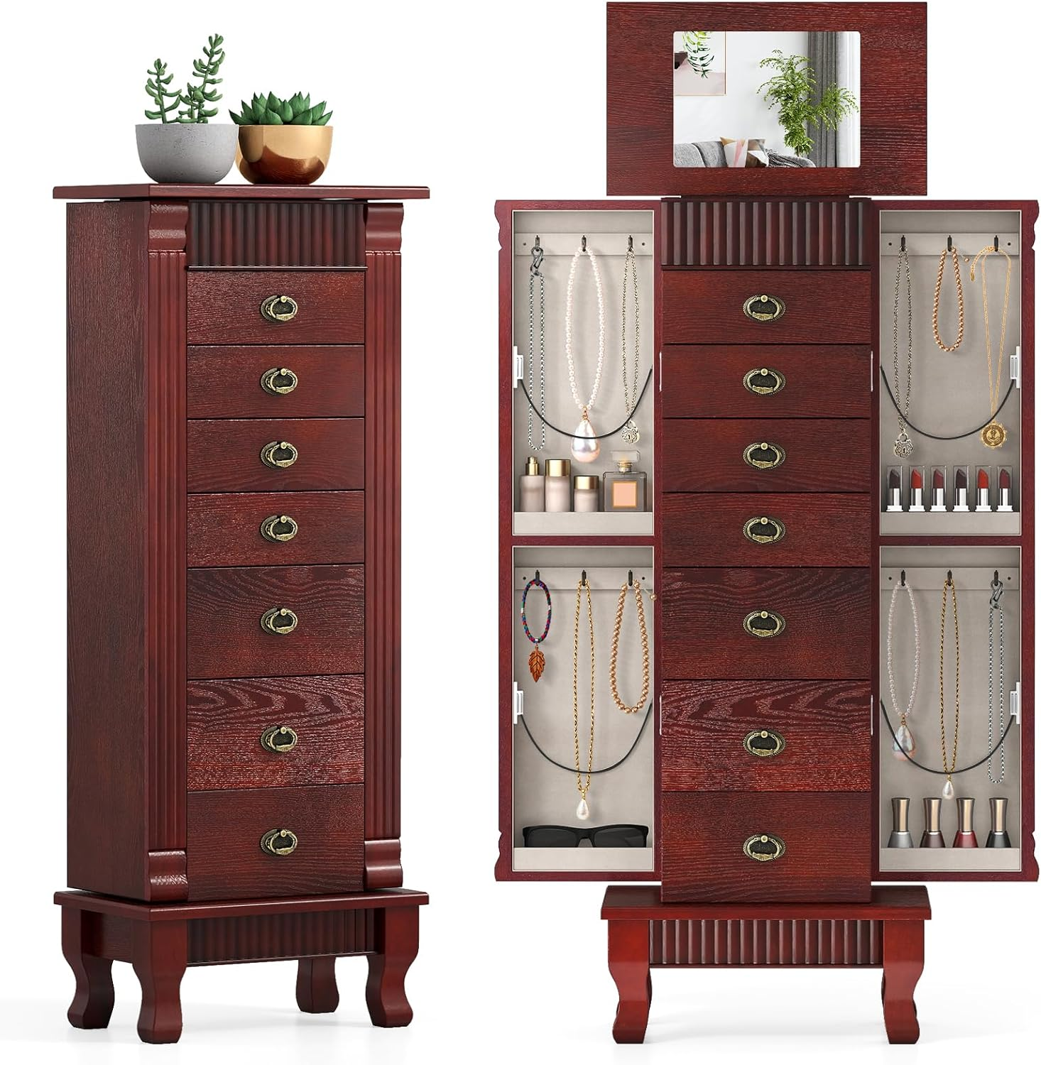 Giantex Standing Jewelry Cabinet with 7 Drawers, Flip-Top Mirror, 2 Side Doors with 12 Necklace Hooks, Divided Ring Compartments, Velvet-Lined Jewelry Armoire Organizer Chest (Cherry)