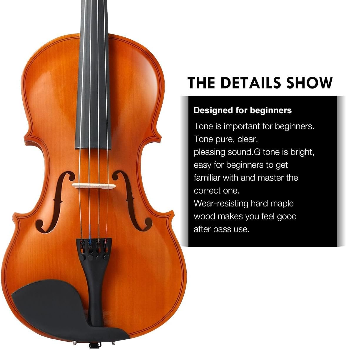 Melodic 1/4 Size Acoustic Violin Kit 4 Strings Natural Varnish Finish with Case Bow image number 2