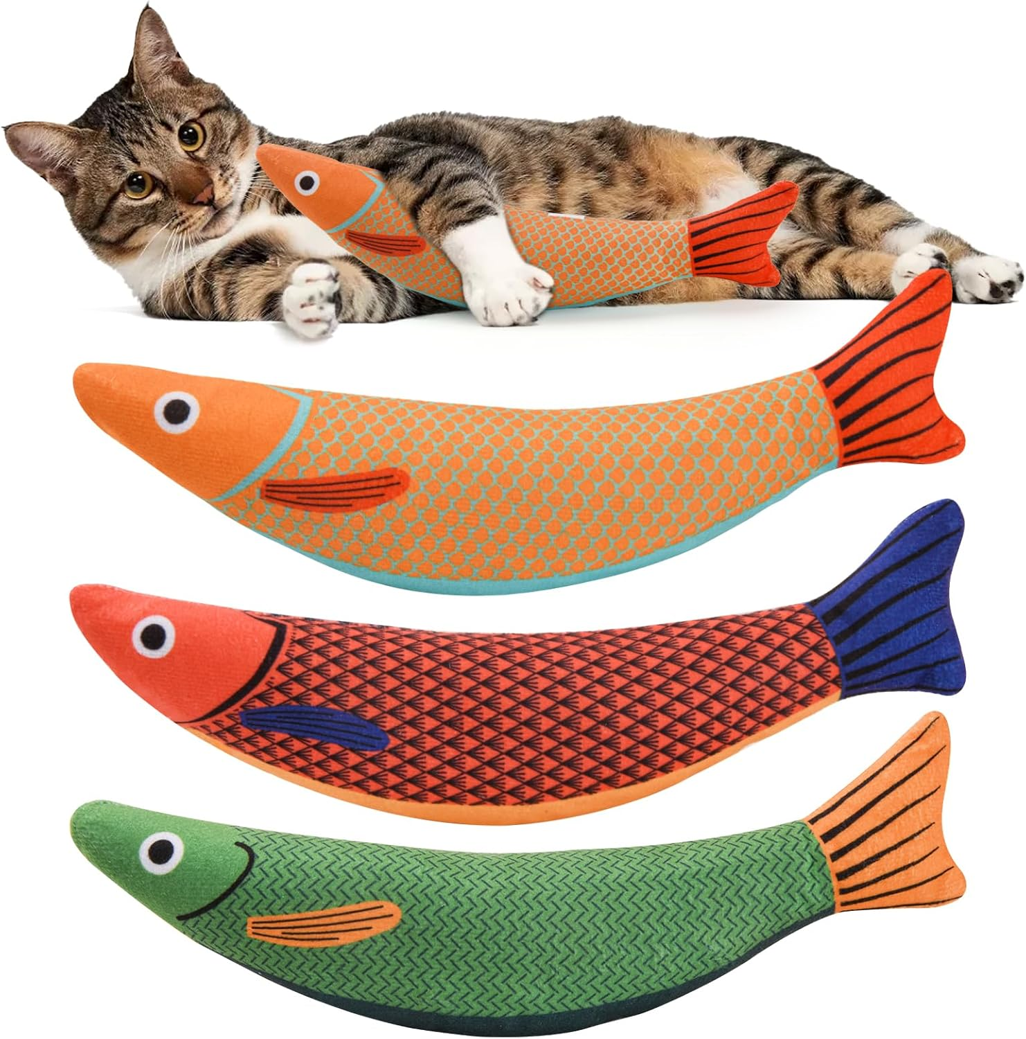 AUSCAT Cat Catnip Toys, 3PCS Catnip Fish Toy for Cats, Cat Kicker Toys with Crinkle Sound, Interactive Plush Soft Cat Toys for Indoor Cats and Kittens