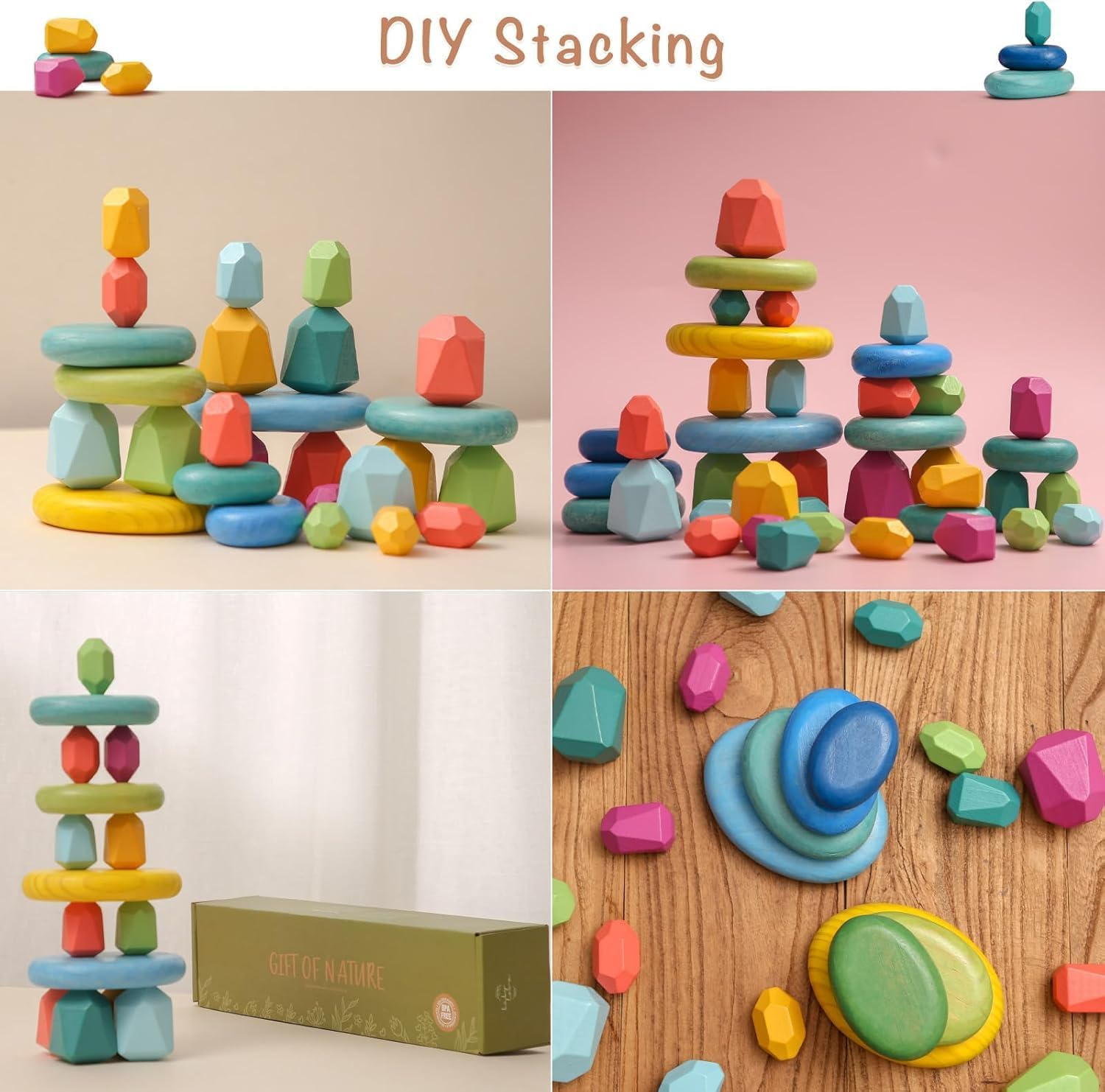 26Pcs Stacking Blocks Balancing Stones Wooden Building Toys Wood Stone Stacking Game for Toddler Sorting Preschool Educational Montessori Stacking Rocks for Kids