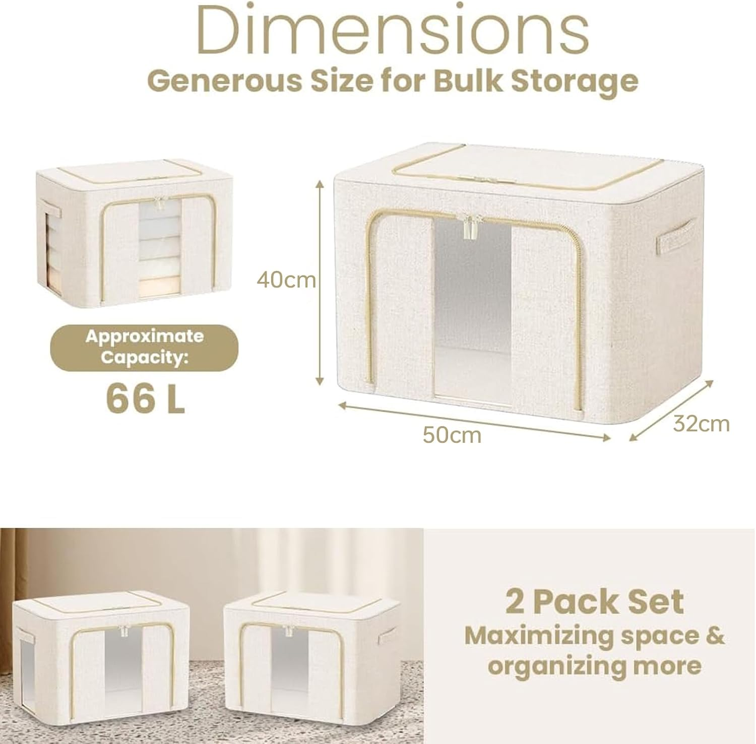 2 Pack Clothes Storage Box with Zipper, 66L Foldable Linen Container with Handles Large Capacity Storage Organizer (Milky White 66L) image number 6