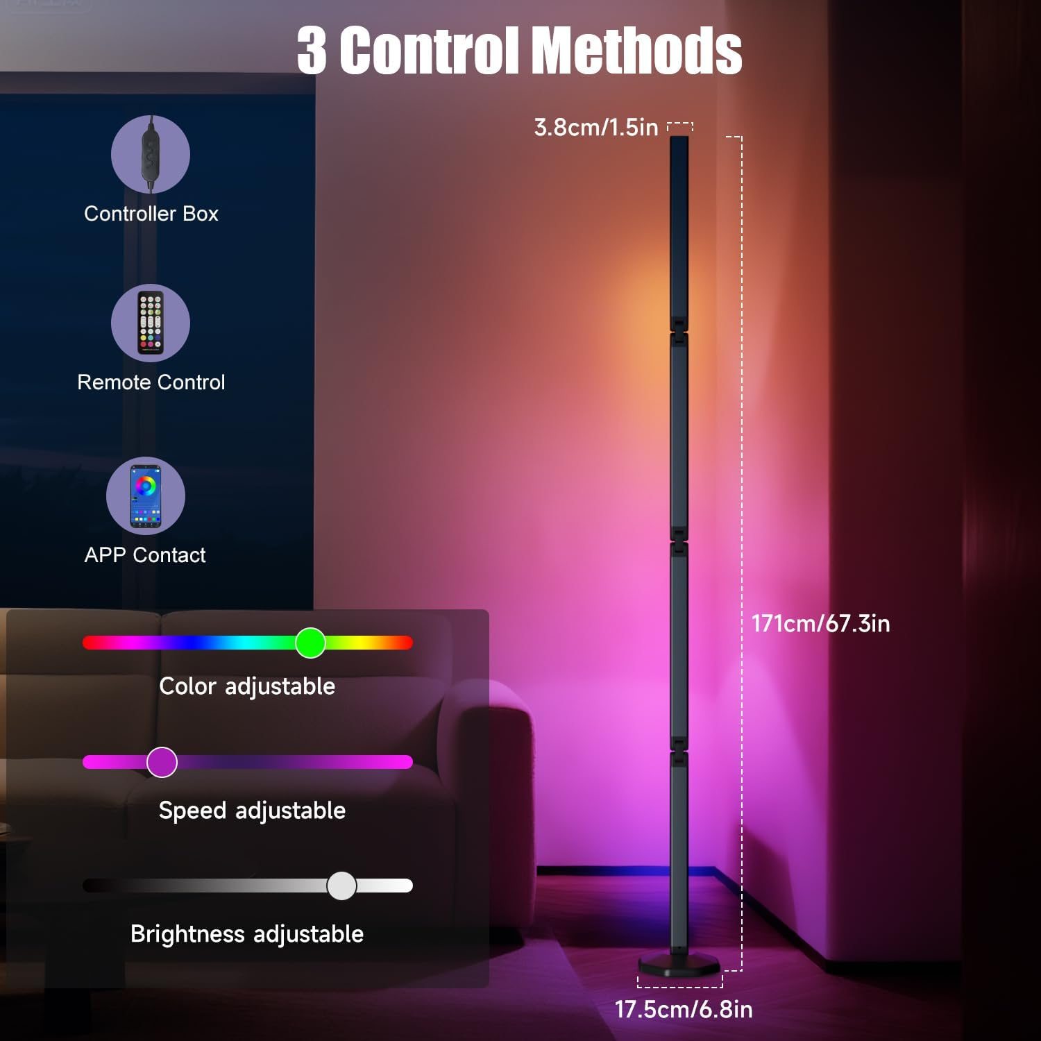 RGB Smart Floor Lamp, 171CM LED Corner Lamp, Modern Floor Lamp with Music Sync and 16 Million DIY Colors, Ambiance Color Changing Standing Lamp for Bedroom Living Room Gaming Room image number 5