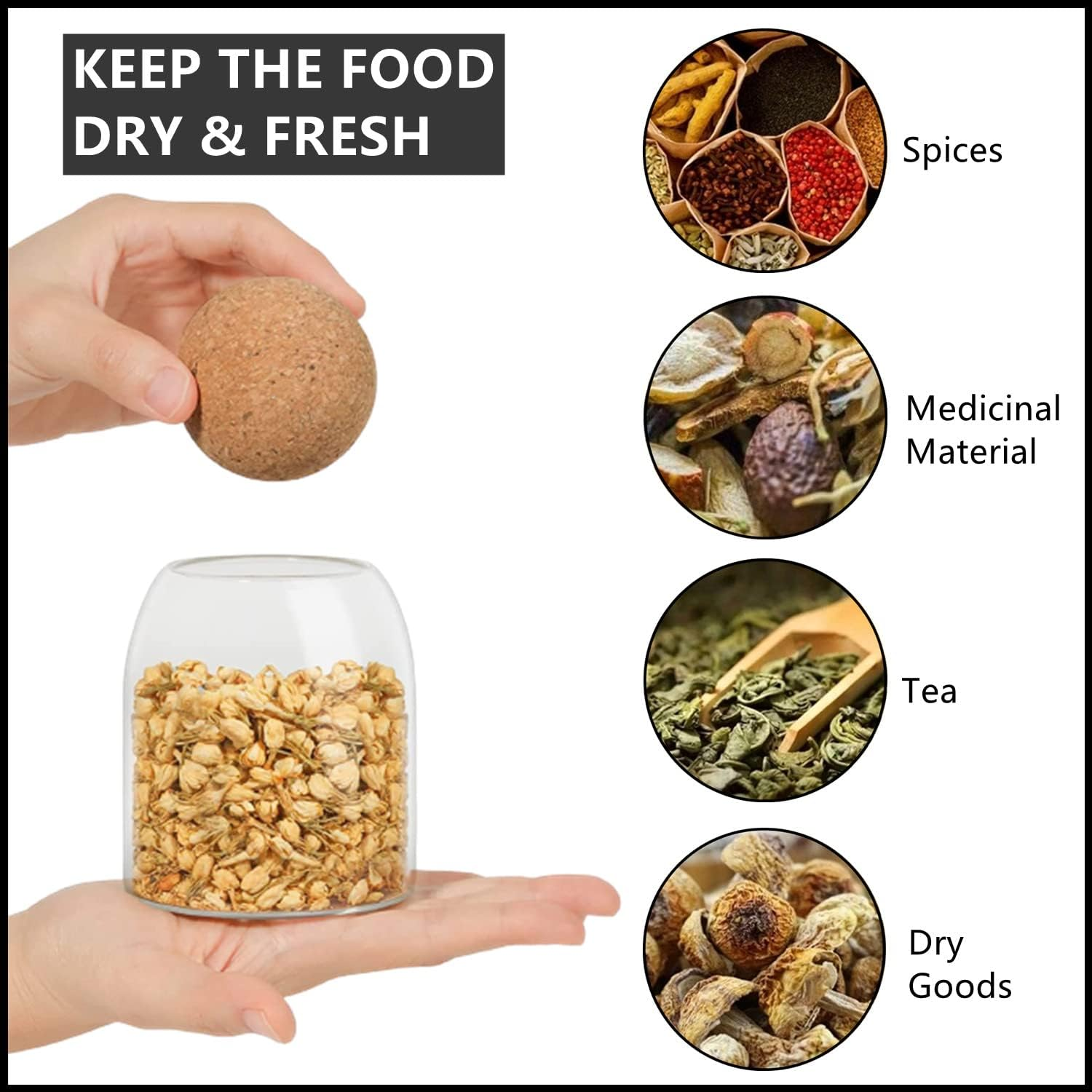 RHBLME 3 Pack Glass Storage Containers with Ball Cork, 17 Oz/500Ml Glass Jar with Cork Lid, round Cork Glass Bottle, Small Candy Jar with Wood Ball Lid for Food, Coffee, Sugar, Spice, Tea, Etc image number 5