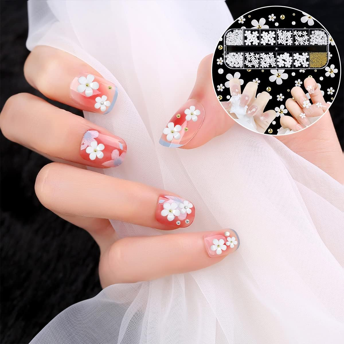 BEZANU Flower Nail Art Charms, White Flowers Nail Rhinestones Kit with Nail Beads for DIY Nail Art Craft (12 Kind) image number 5