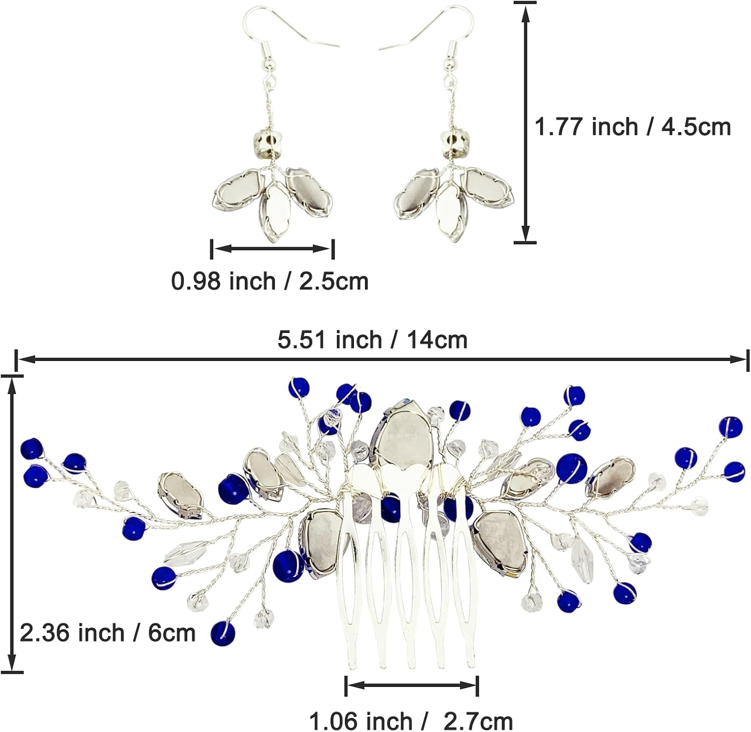 Bridal Crystal Hair Comb and Earrings Set Elegant Bride Wedding Hair Piece Accessories for Women Prom Party Photography (Royal Blue) image number 4