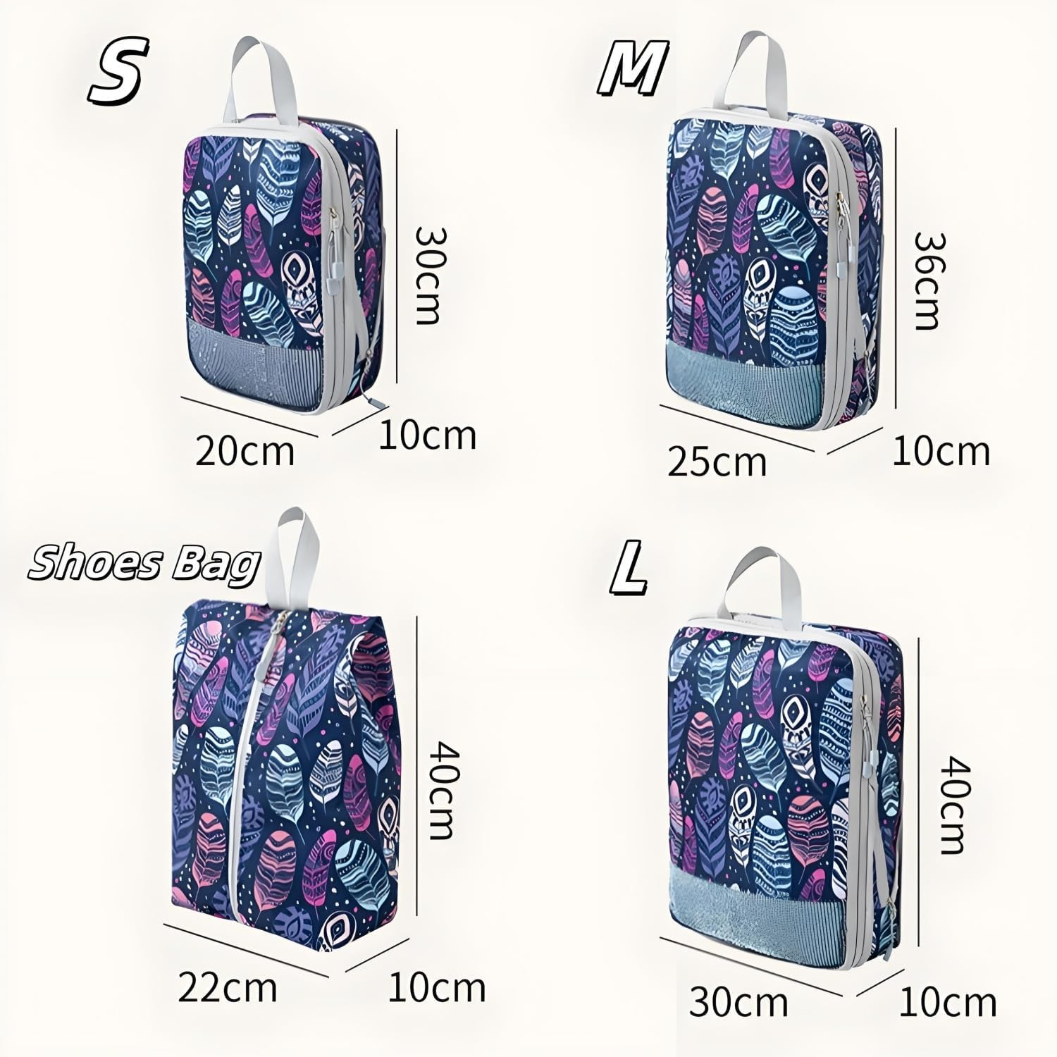 Travel Packing Cubes Set, Navy Feather Pattern, 4-Piece Mesh Storage Organisers with Handles ﻿