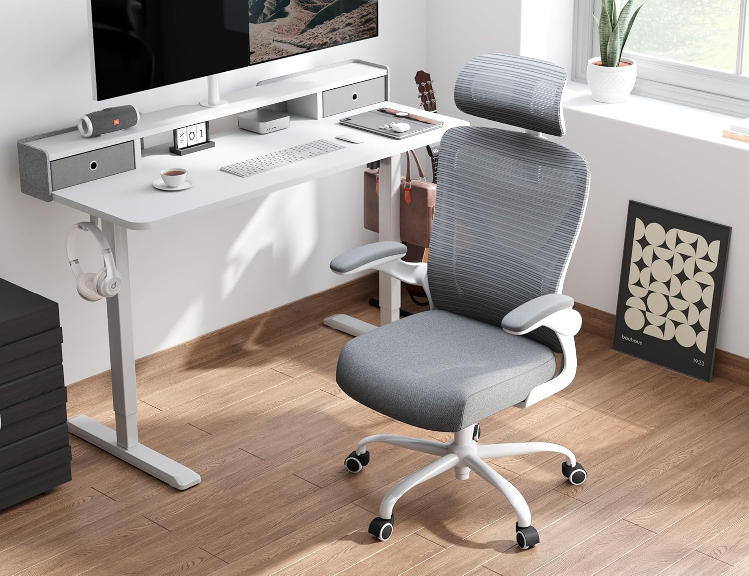 Ergonomic Office Chair - Office Chair Mesh High Back Gaming Chair with Adjustable Lumbar Support & Headrest Home Desk Chairs - Computer Desk Chairs Comfy Comfortable for Long Hours (Grey) - Grey image number 4