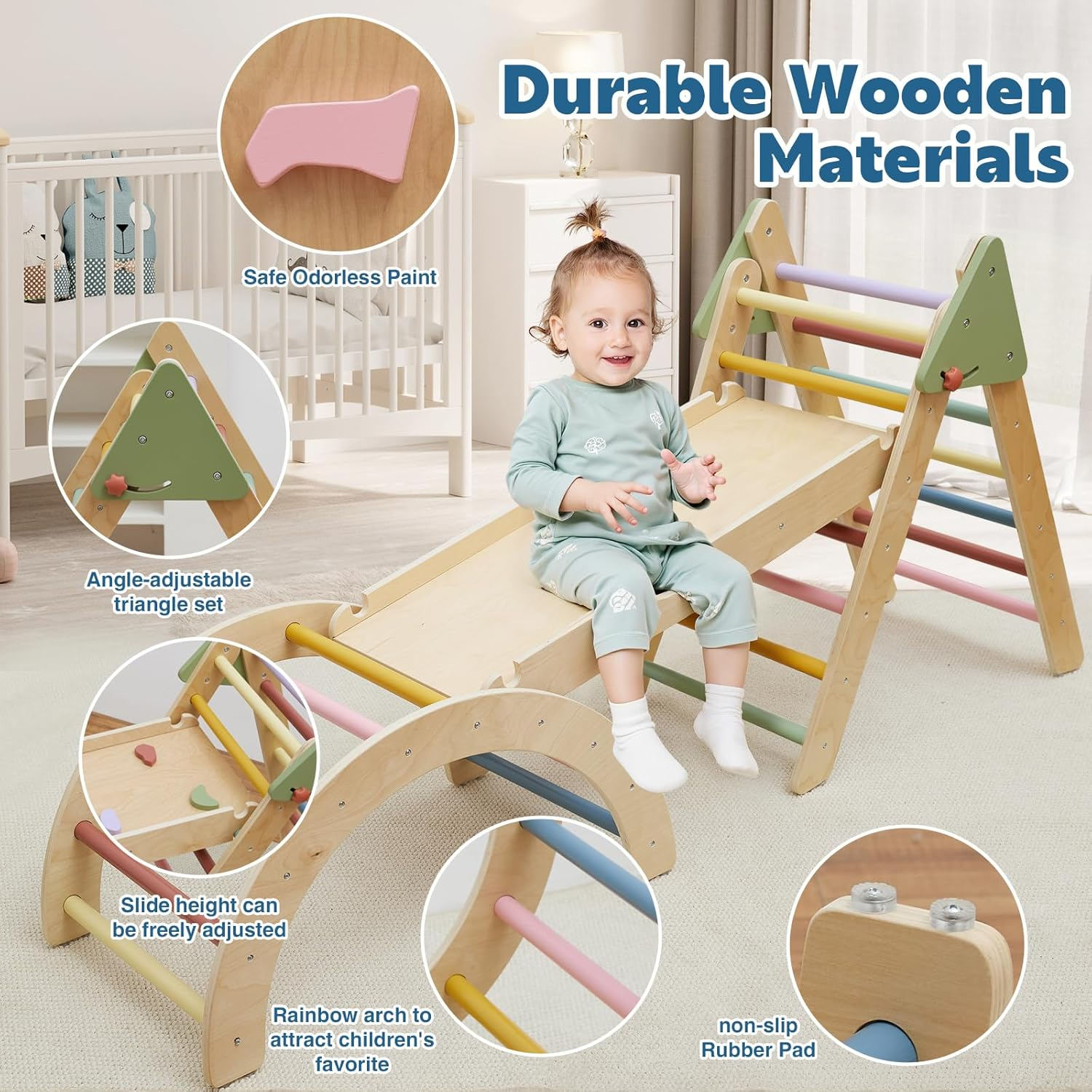 Pikler Triangle Set 7 in 1 Wooden Climbing Toys for Toddlers 1-3 inside Baby Climbing Gym Montessori Set Baby Jungle Gym Indoor Philosophy Climber with Arch & Ramp & Ladder Climber