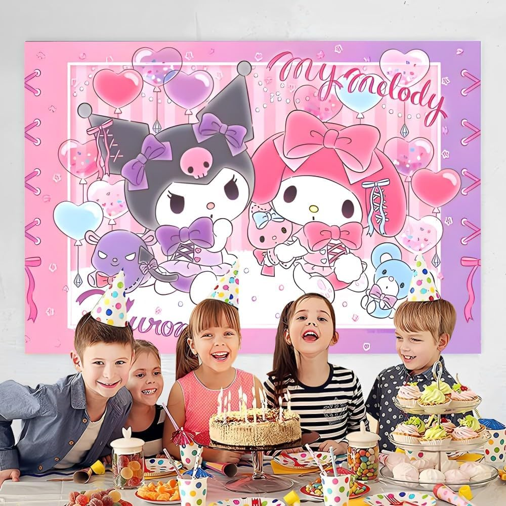 Kawaii and Melody Background Party Supplies, Happy Birthday Banner Backdrop for Kids Party Decorations (5X3Ft) image number 1