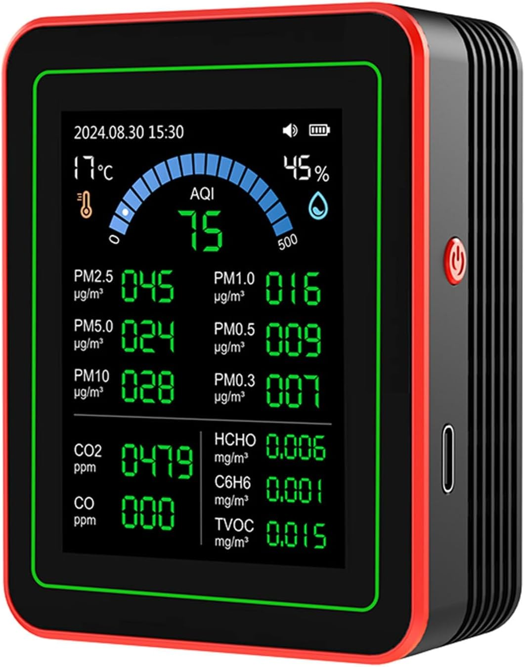 Air Quality Tester, CO2 TVOC HCHO PM2.5 Temp Humidity Detect, Indoor Data Storage Black, Data Curve Display, Runs up to 7 Hours​