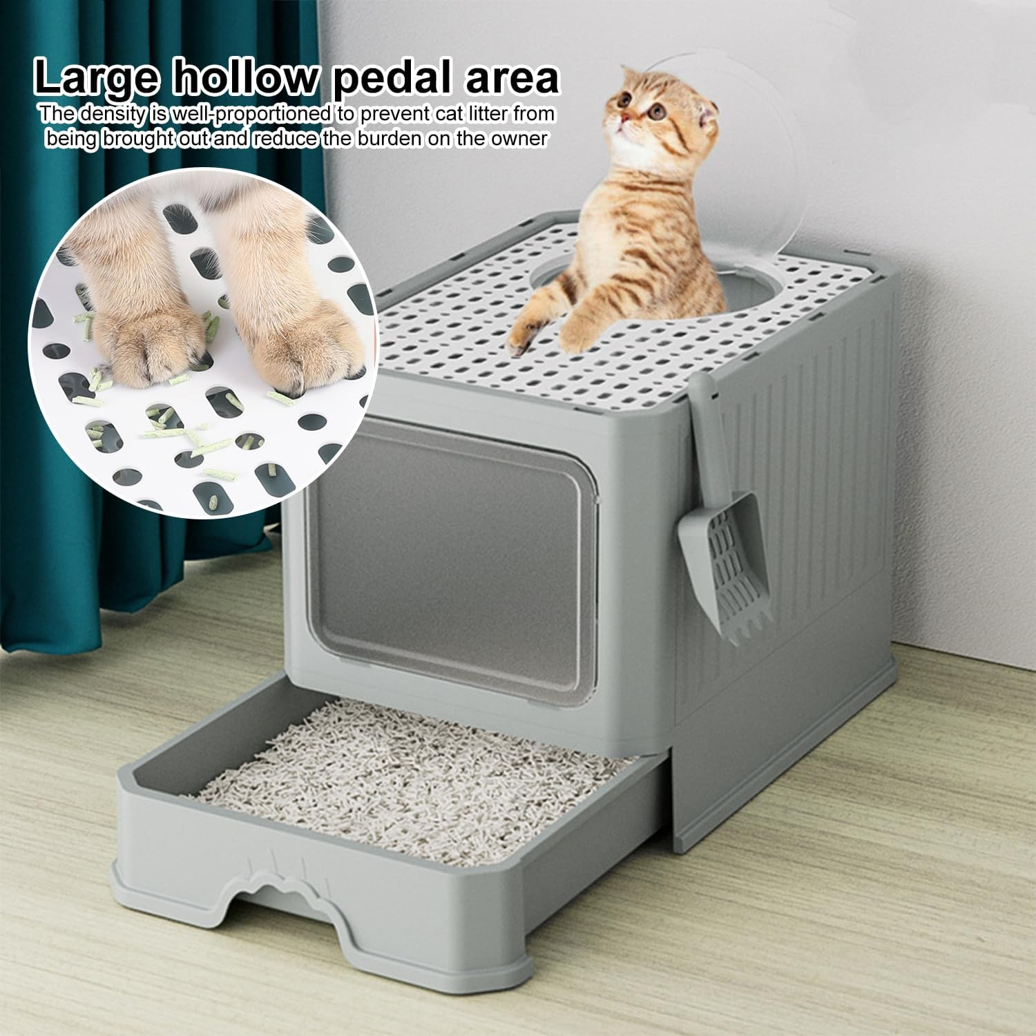 Extra Large Cat Litter Box, 50X40X40Cm Cat Litter Box Front Entry with Lid Fully Enclosed, Drawer Design and Cat Teaser for Easy Cleaning and Convenience (Grey, L) image number 1