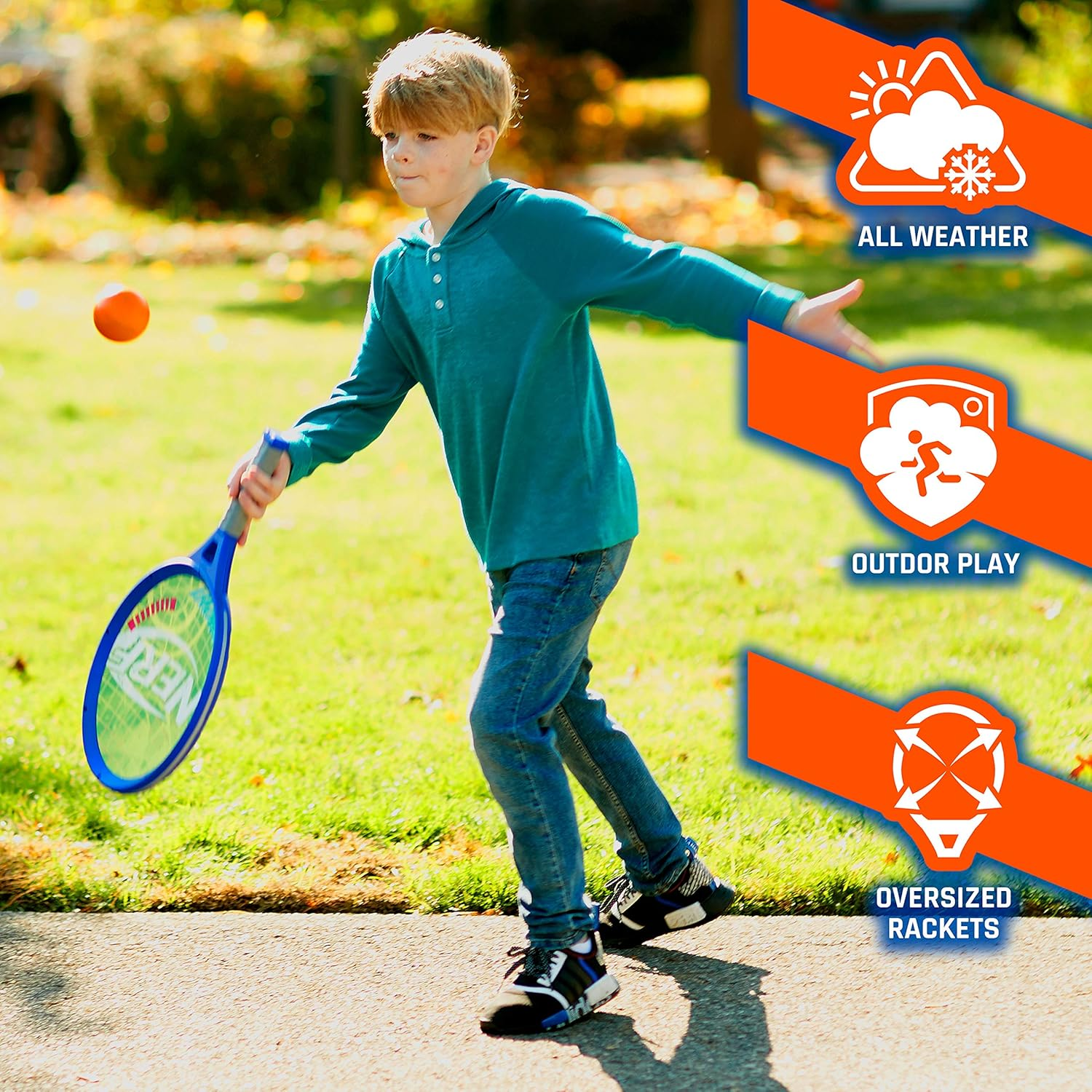 Nerf Small Driveway Tennis Set for Kids - 2 Player Kids Tennis Set - Rackets and Foam Ball - Indoor + Outdoor - (2) Rackets + Foam Ball Included image number 3