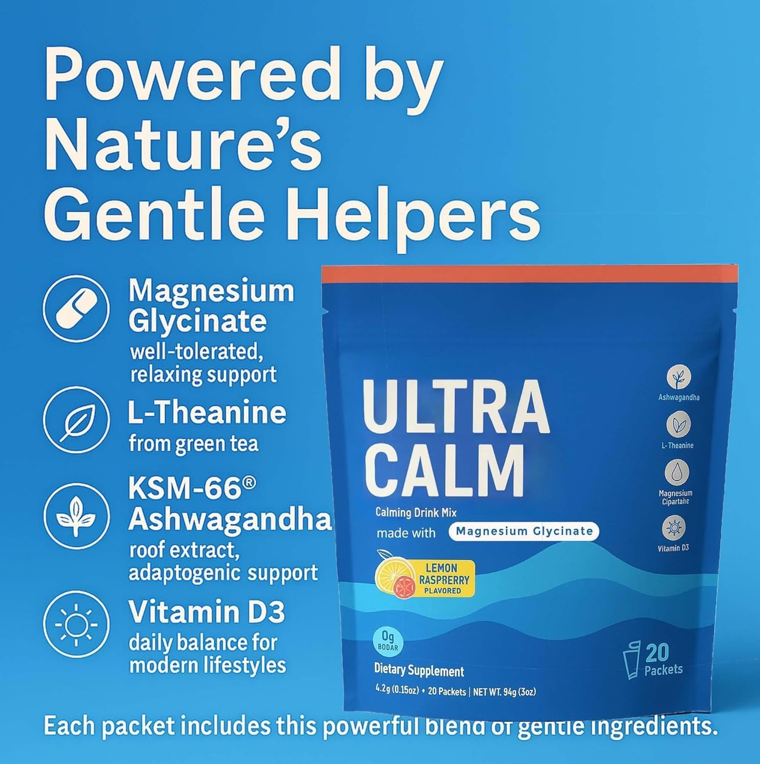 Ultracalm Drink Mix &ndash; Raspberry Lemonade | Magnesium Glycinate + L-Theanine + Ashwagandha | Daily Nutrient Blend | Sugar-Free, Non-Gmo, Gluten-Free | 20 Packets image number 1