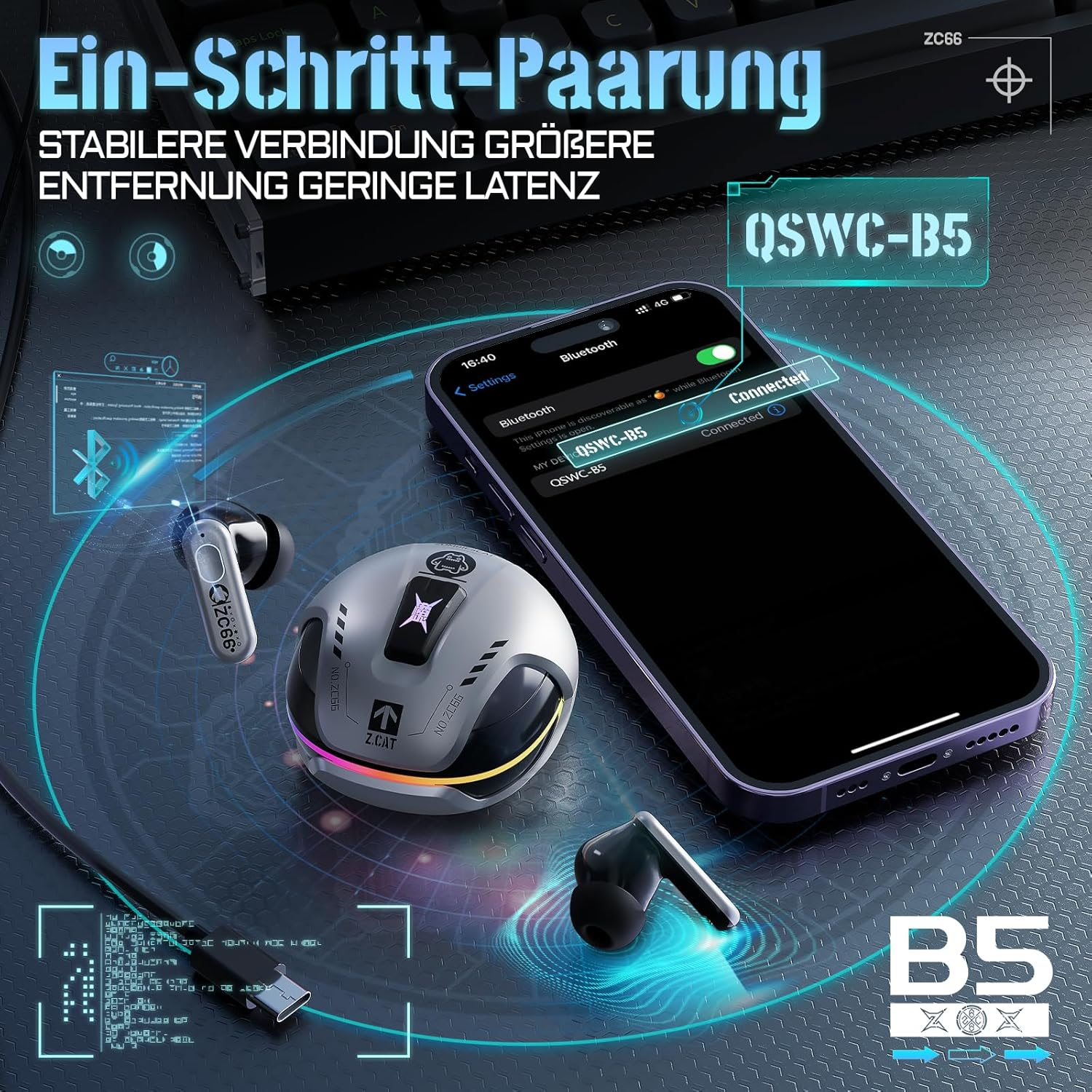 Zombies CAT Wireless Bluetooth, Noise Cancelling Headphones, Bluetooth Headphones with Deep Bass, Wireless Bluetooth 5.4, RGB Light, In-Ear Headphones for Android Ios, B5 Silver image number 1