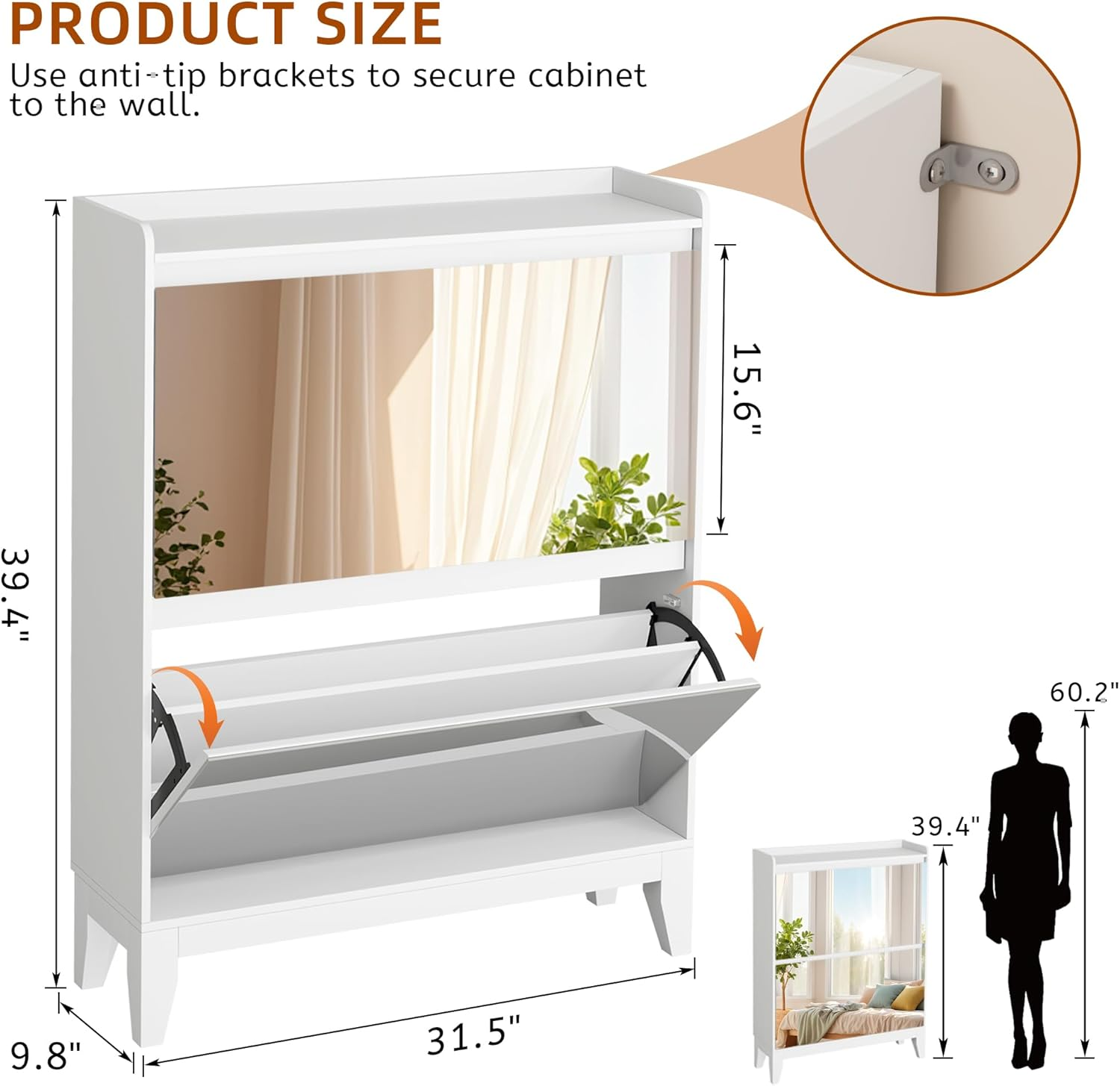Dystler Shoe Cabinet with 2-Flip Mirror Drawers, Freestanding Shoe Rack Organizer with Legs, Slim Narrow Shoe Storage Cabinet for Entryway, Entrance, Hallway, Bedroom (White)