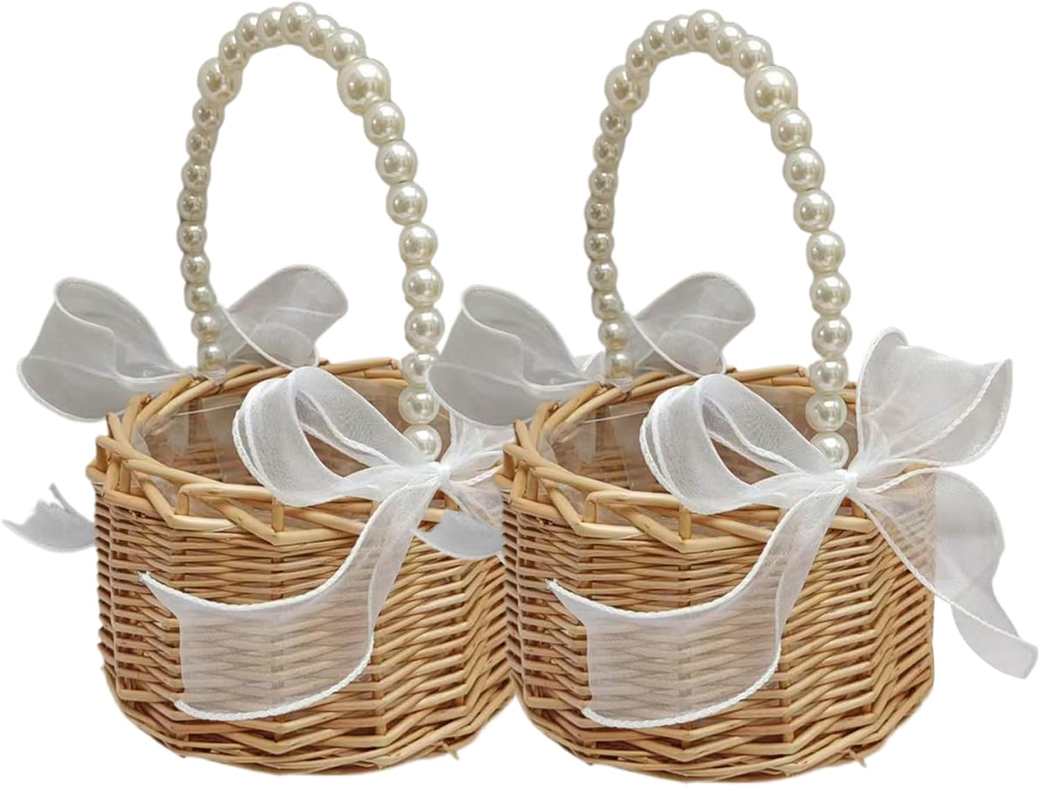 Flower Girl Basket Set of 2 Rattan Flower Basket with Pearl Handle and Bow Decorative Flower Girl Baskets for Weddings Ceremony Style1 Flower Basket Flower Girl Basket Set of 2 Flower Girl Baskets Fo image number 3