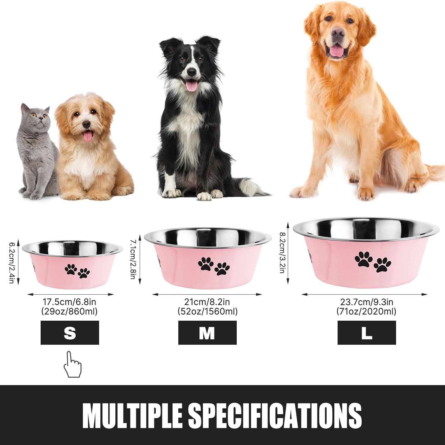 Stainless Steel Dog Bowls, Nonslip Rubber Bottom No Spill Proof Skid Metal Insulated Dog Bowls for Large Medium Small Breed Dogs (Pink, 3.6 Cups/29 OZ) image number 2