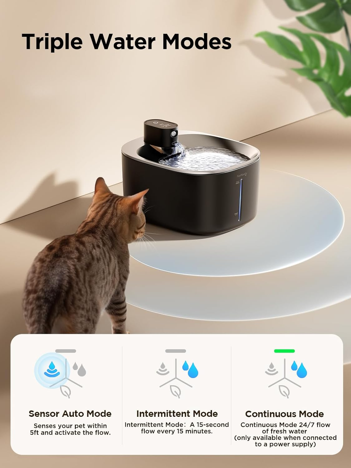 FEELNEEDY 4L Drinking Fountain for Cats Wireless with Sensor Wireless Cat Fountain Stainless Steel with Motion Sensor without Power and Battery 4000 Mah, 3 Modes, Quiet Pump and 2 Filters, Black