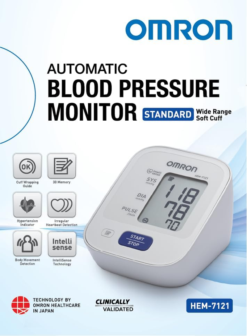 OMRON HEM7121 Clinically Validated Standard Upper Arm Blood Pressure Monitor with Irregular Heartbeat Indicator - Medium to Large Soft Cuff (22-42Cm), 30 Reading Memory, One Touch Use, Hypertension Indicator and 6 Year Warranty When Registered Online image number 3