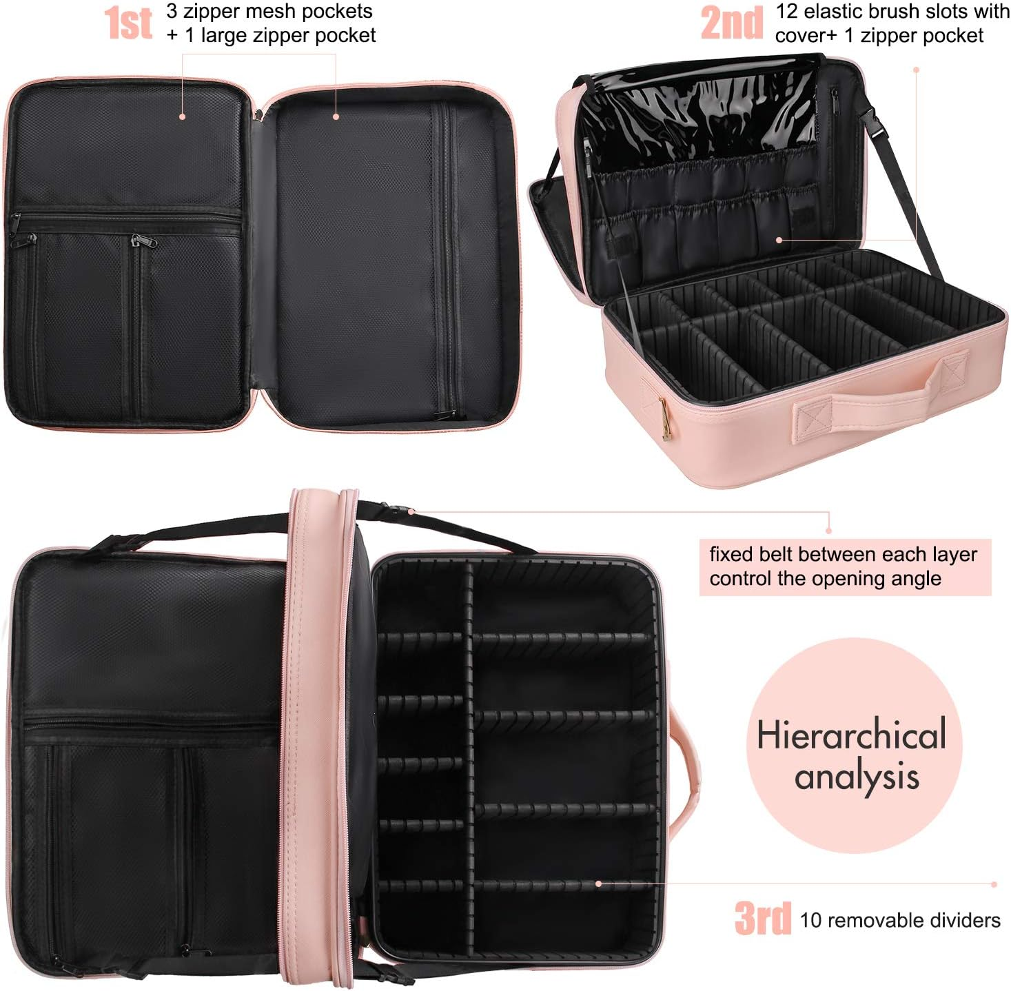 Relavel Professional Large Makeup Case Cosmetic Train Case Makeup Bag Organizer Professional Waterproof Travel Cosmetic Case Box with Removable Dividers Shoulder Strap (B Pink) image number 5