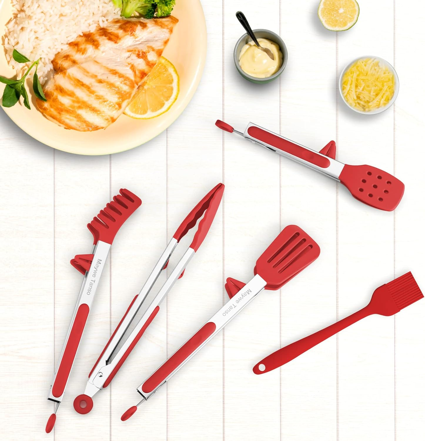 5-Pack Silicone Tongs for Cooking,Maywe Tanso 4PCS 13-Inch Cooking Kitchen Tongs with Silicone Tips,Nonstick Stainless Steel Tongs for Steak Pie Pizza Pasta Spaghetti Salad BBQ Buffet,Plus Brush - Red image number 4