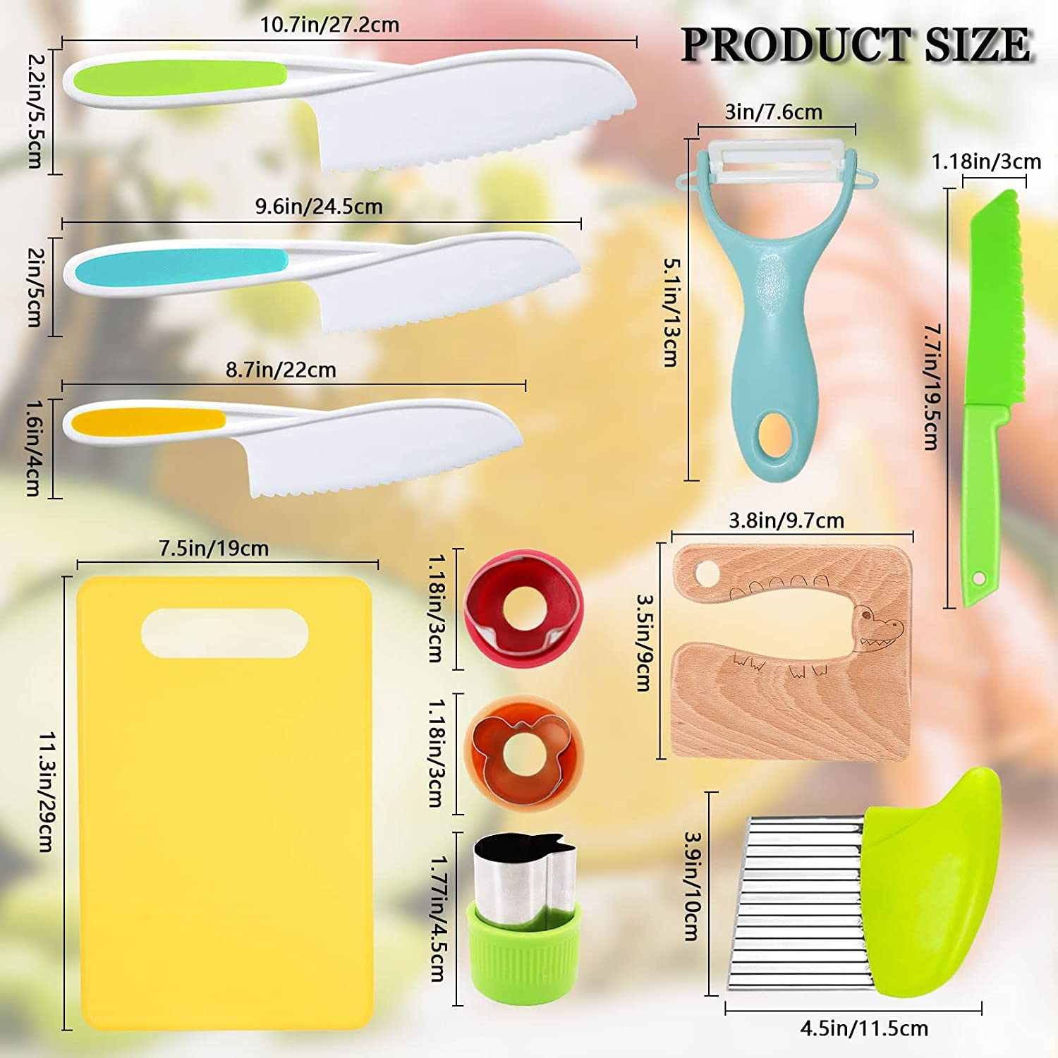 11 Pieces Wooden Kids Kitchen Knife, Kids Knife Set Include Wood Kids Safe Knife, Serrated Edges Plastic Toddler Knife, Crinkle Cutter, Sandwich Cutter, Y Peeler, Cutting Board (Crocodile) image number 5