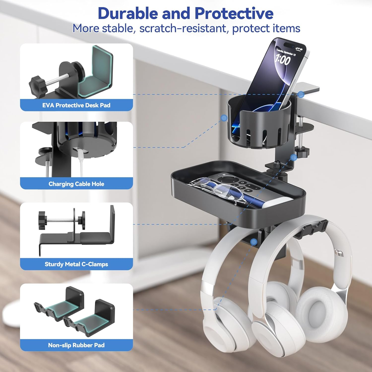 KDD Rotating under Desk Organizer with 2 Headphone Hook - Hidden Storage Drawer Tray with Cup Holder - No Drilling Sturdy Swivel C-Clamp Desktop Mount for Office School Home Game Room Accessories image number 1