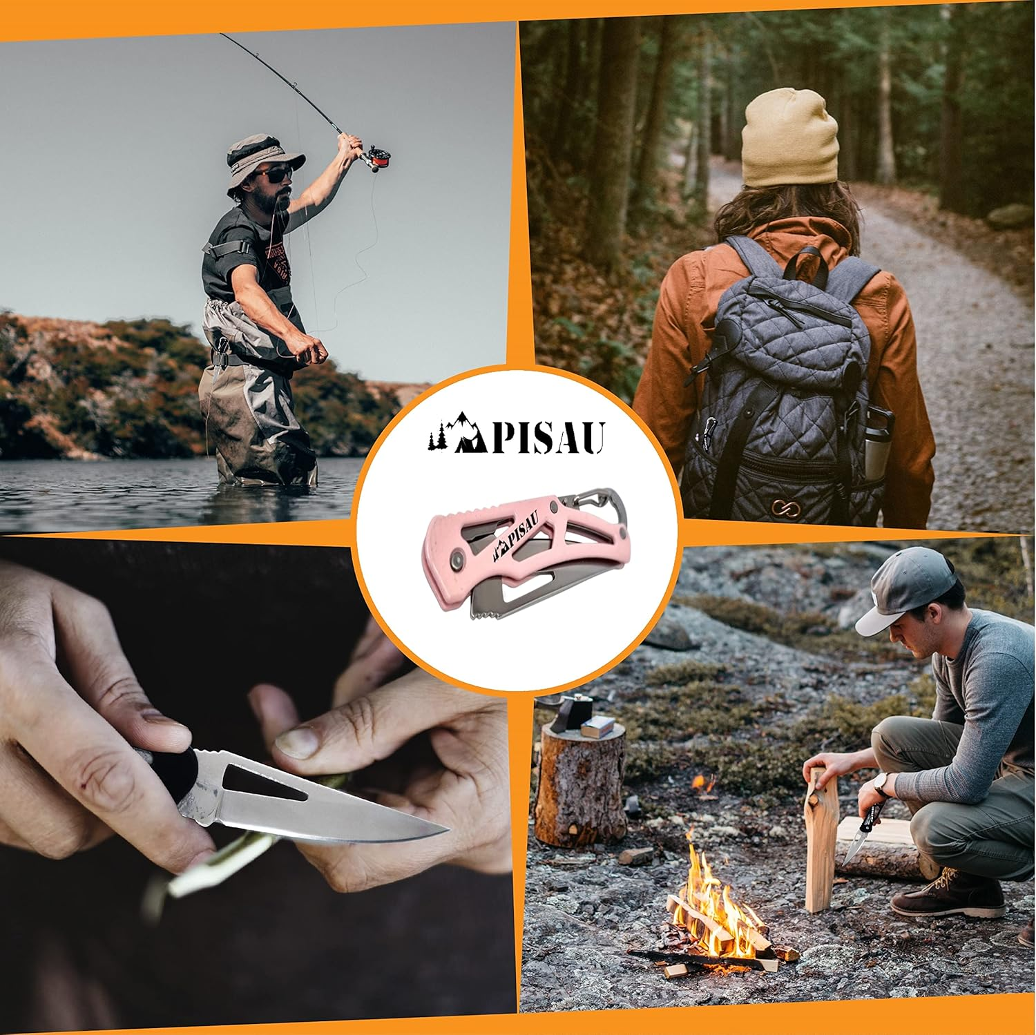 PISAU Small Stainless Steel Camping Folding Knife with Carbinner for Emergceny, Fishing and Camping (Pink) image number 4