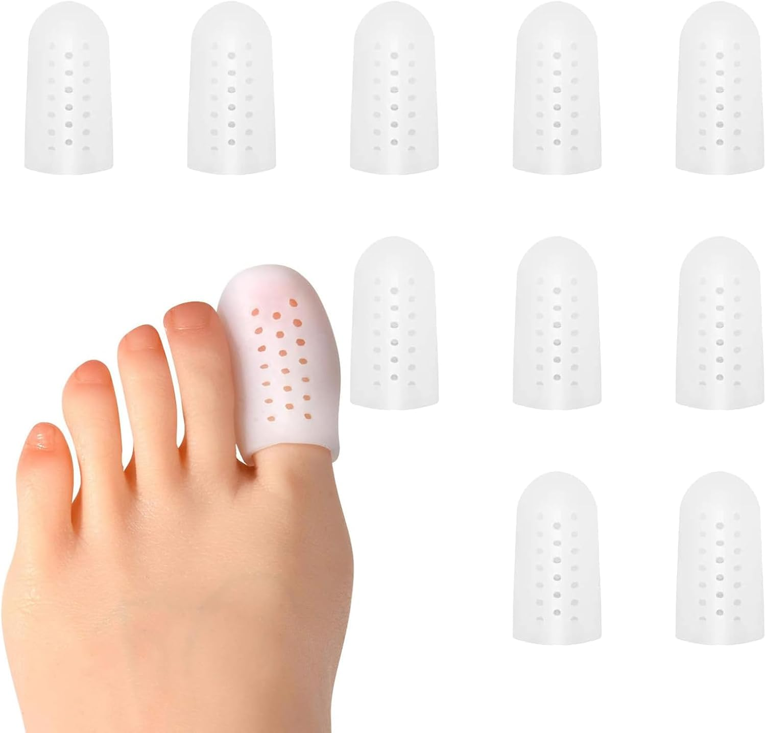 Hzqzaoan 10Pcs Big Toe Protector - Breathable Gel Toe Cap Silicone Toe Cover Sleeves with Holes for Missing/Ingrown Nails, Corns, Blisters & Hammer Toe Comfort (Reduces Rubbing & Discomfort) image number 3