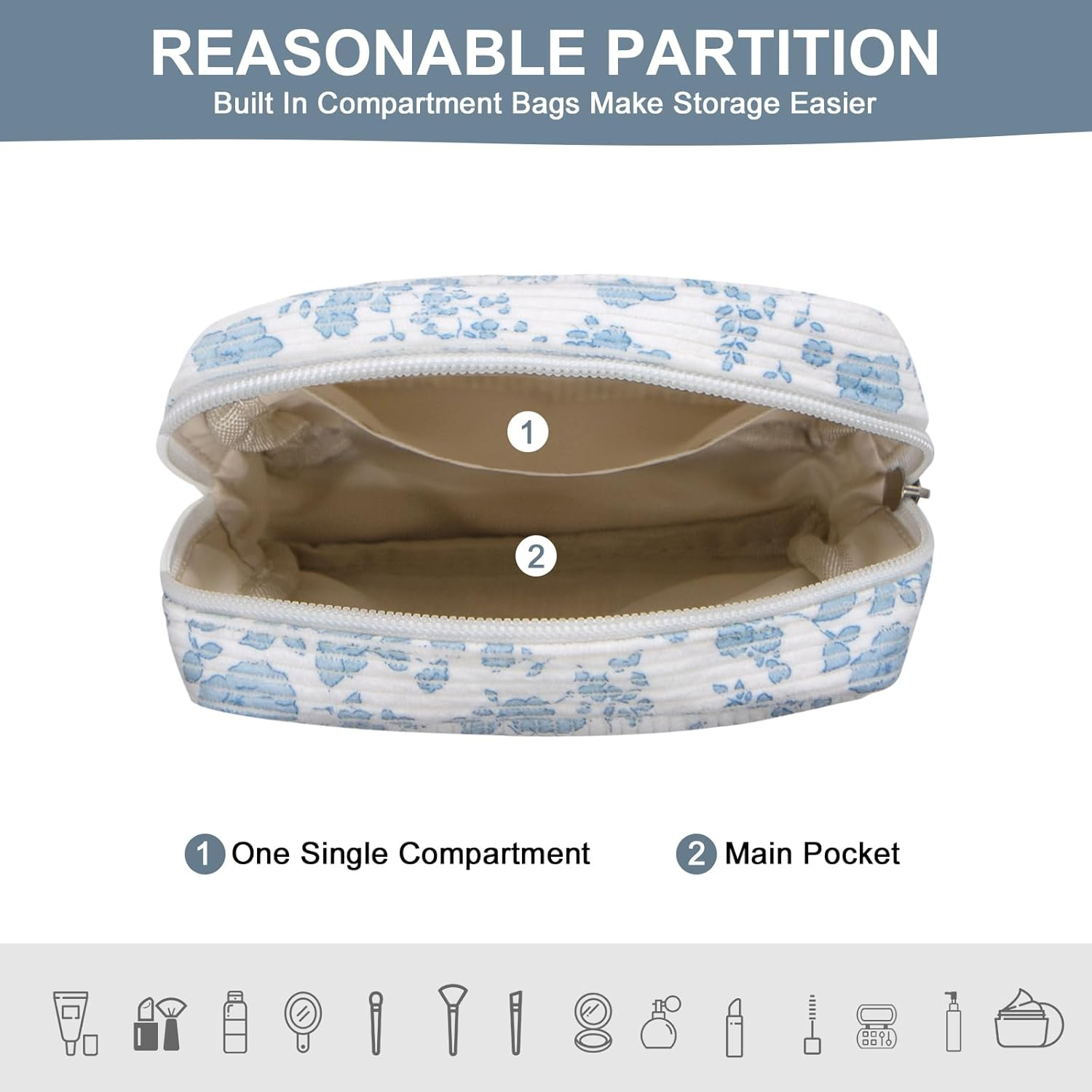 Long Keeper Small Cosmetic Bag Toiletry Bag with Compartments Mini Makeup Bag Strawberry Printing Corduroy Travel Toiletry Pouch for Women Girls Gift, Blue Flower, Small Make up Bag image number 6