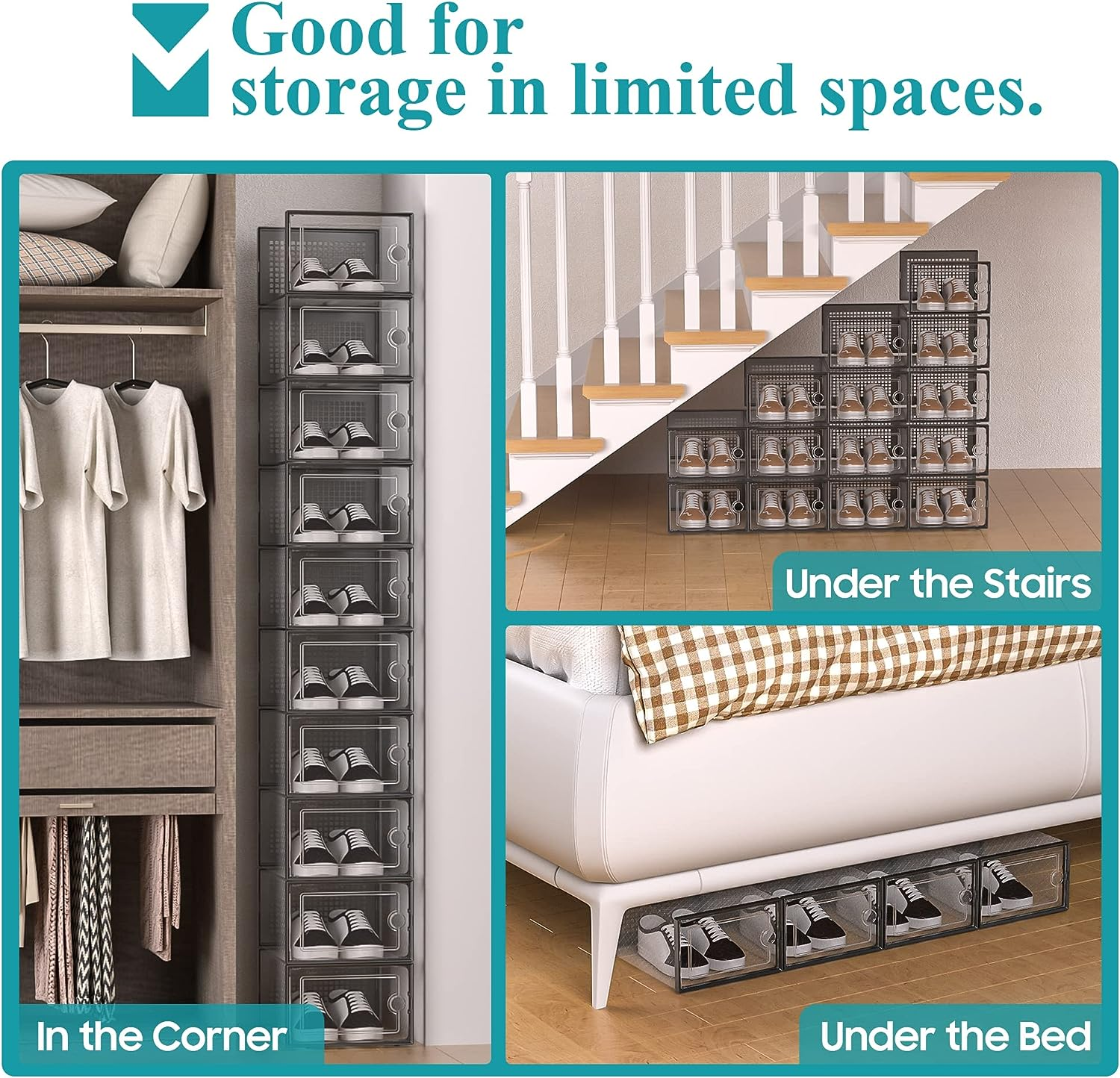 Kuject Large Shoe Organizers Storage Boxes for Closet, 12 Pack Clear Plastic Stackable Storage Bins with Lids, under Bed Shoe Containers for Entryway, Drop Front, Fit up to Women'S Size 10,Black image number 7