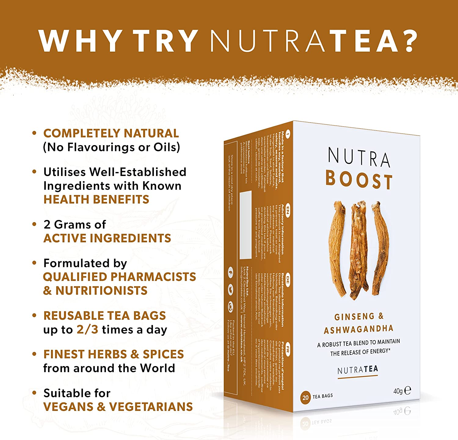 NUTRABOOST - Energy Tea | Herbal Energy Boost Tea - Help with Tiredness and Fatigue - Includes Green Tea, Ginseng & Ashwagandha - 40 Enveloped Tea Bags - by Nutra Tea - Herbal Tea - (2 Pack) image number 1