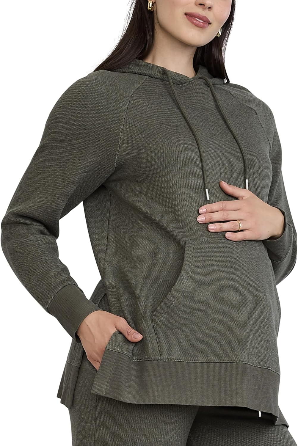 Motherhood Maternity Women'S Long Sleeve Fleece Tunic Pullover Pregnancy Hoodie with Side Slits and Kangaroo Pocket