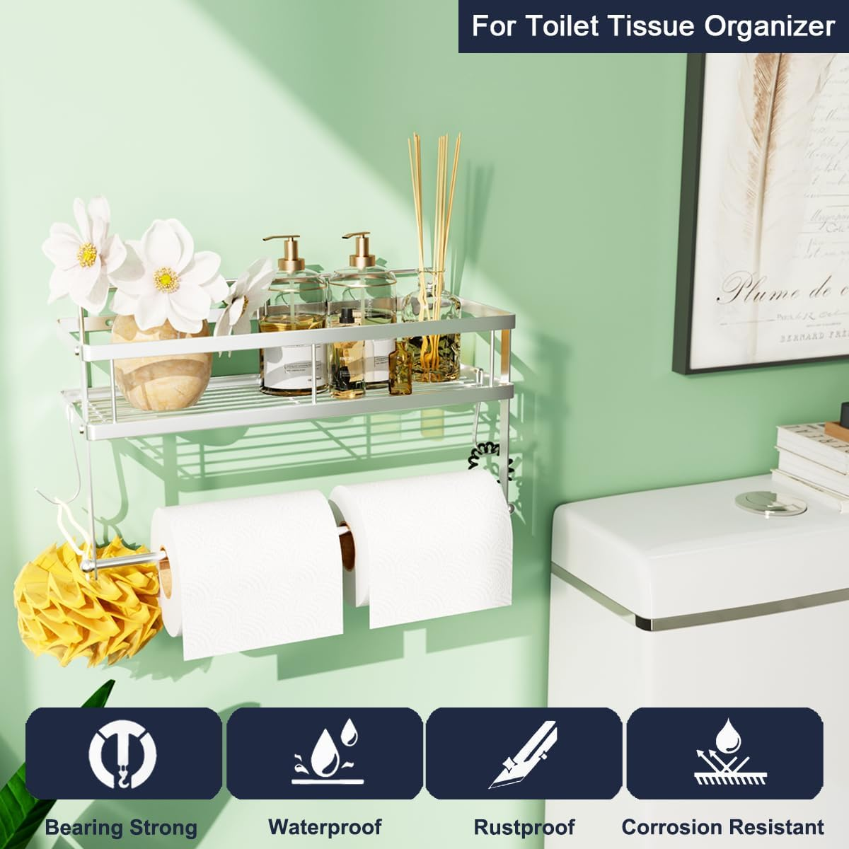 ESOW Paper Towel Holder with Shelf Storage, Adhesive Wall Mount 2-In-1 Basket Organizer for Kitchen & Bathroom, Durable Metal Wire Design, Stainless Steel 304 Brushed Nickel Finish - Brushed Nickel Finish image number 6