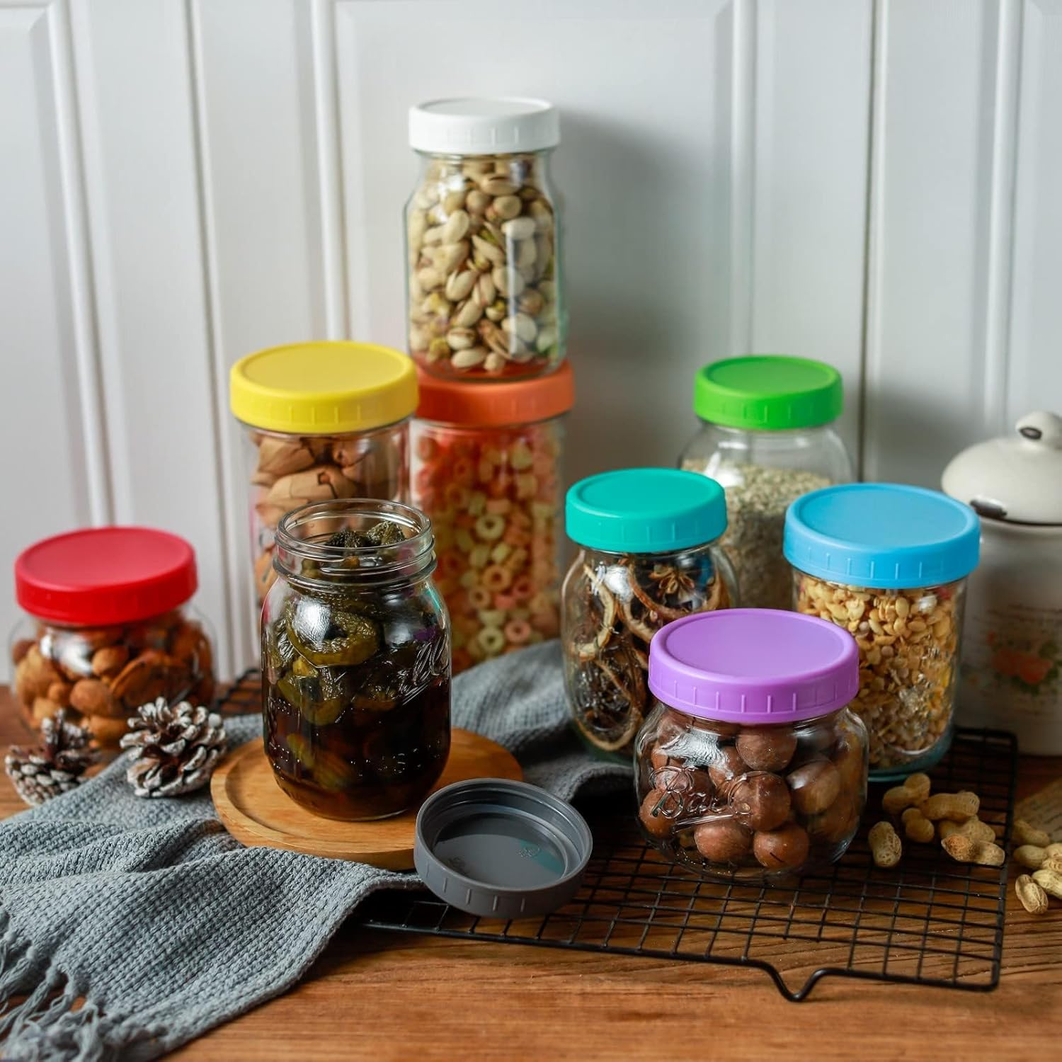 18 Pack 9 Wide Mouth & 9 Regular Mouth Mason Jar Lids with Silicone Rings,Thickened Leak-Proof Lids Fit Ball,Kerr and More, 18 Color Plastic Lids, 86Mm &70Mm Plastic Mason Jar Lids image number 3