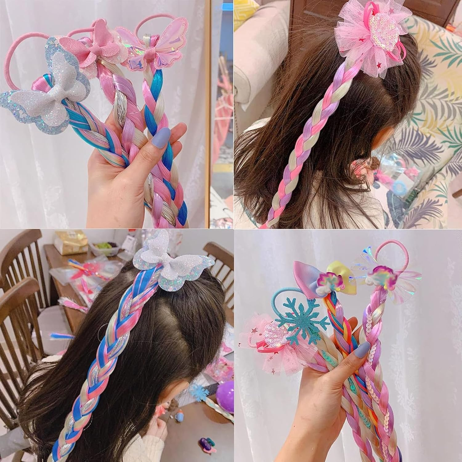 Children'S Twist Braided Colorful Wig Hair Ring Hair Extension Clips for Girls, Fashion Gradient Color Sequins Cute Girl Princess Headdress Children'S Day