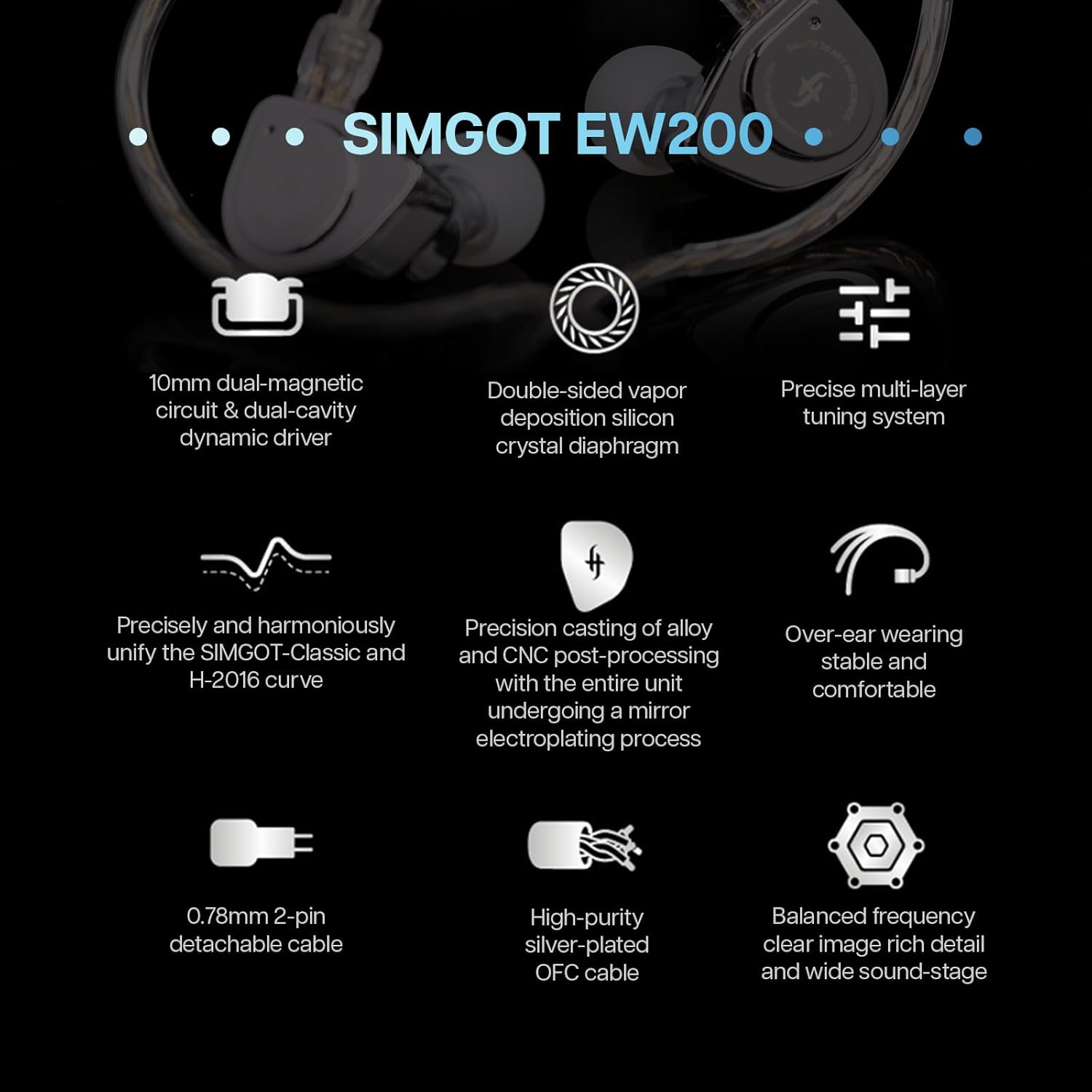 Linsoul SIMGOT EW200 10Mm SCP Diaphragm Dynamic Driver In-Ear Earphones with All Metal Body, Detachable 0.78Mm 2Pin Silver-Plated OFC Cable for Audiophiles Musicians (EW200 without Mic) image number 4