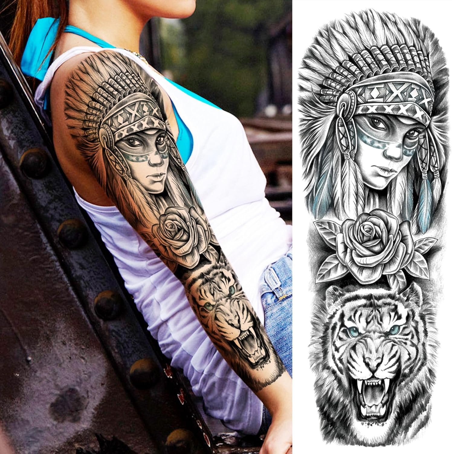 20 Sheets Black Wolf Tiger Lion Full Arm Temporary Tattoos Men Women Adhesive Tattoos Adults Ship Zeus God Rose Flower Half Sleeve Adhesive Tattoos for Sticking, Waterproof Fake Tattoo Stickers
