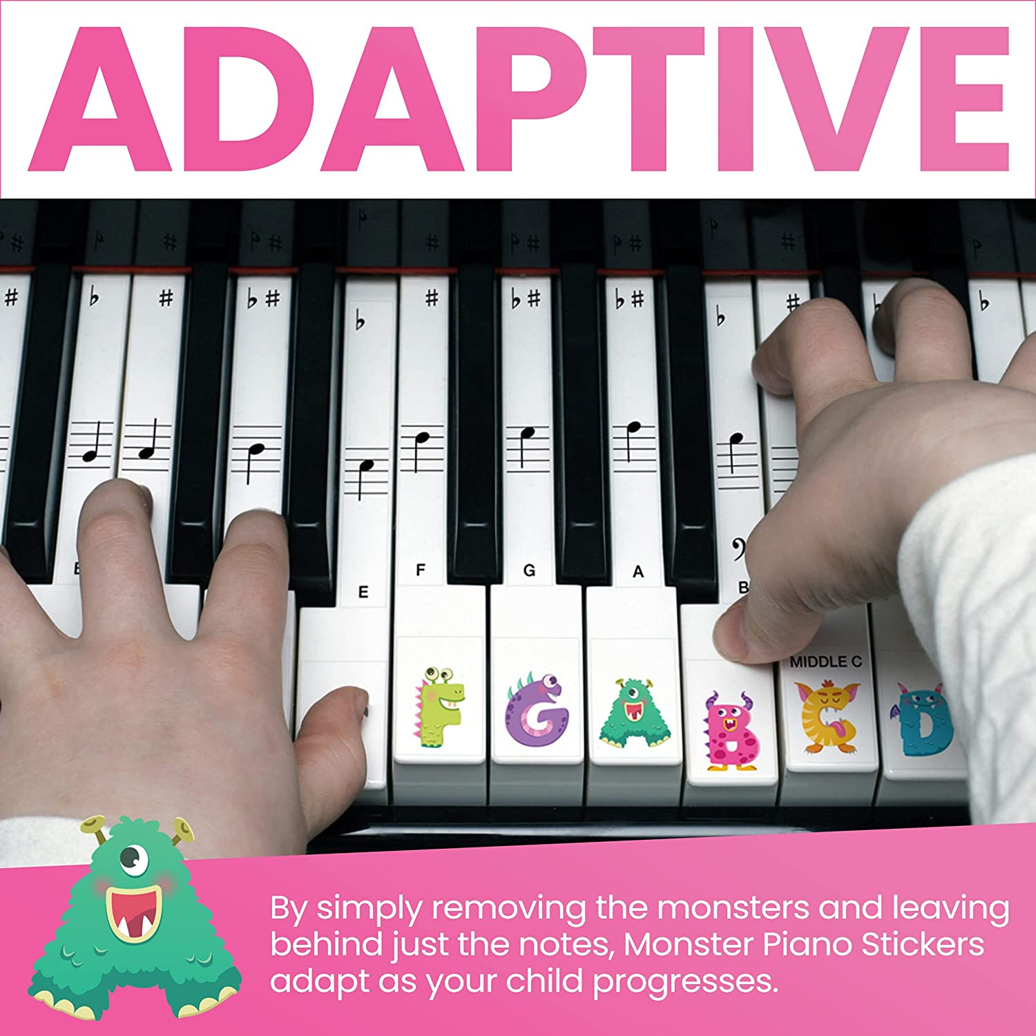 Crosby Monster Piano Stickers for Learning Piano or Keyboard - Transparent 88, 76, 61 & 49 Removable Key Set for Kids image number 2
